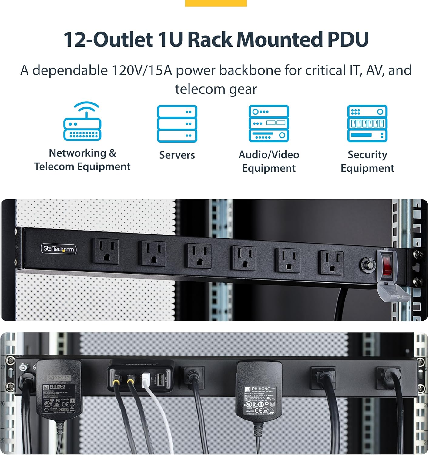 StarTech.com 12-Outlet Rackmount PDU, 1U Server Power Strip, Wide-Spaced Right-Angle Ports, Mounted Power Distribution Unit