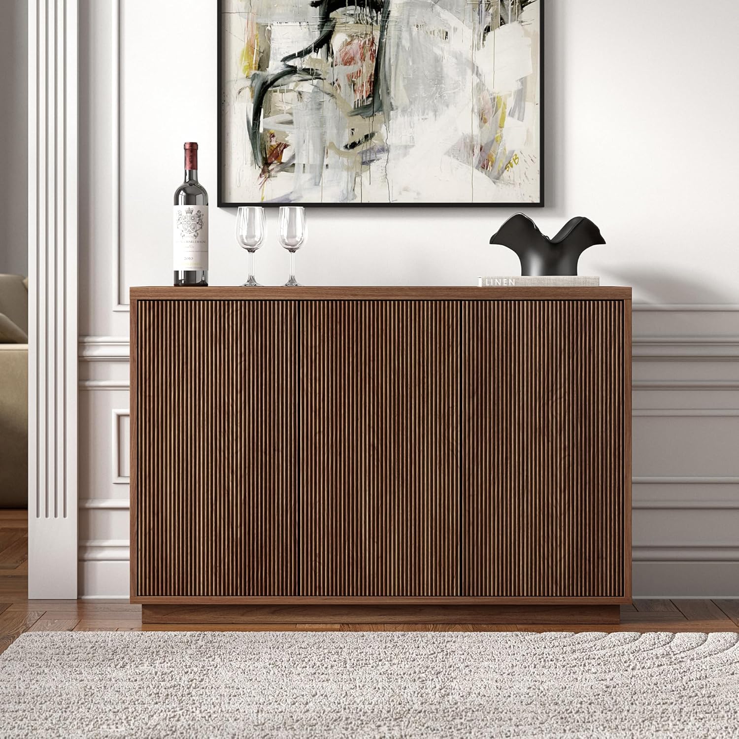 Henn&Hart 47.5'' Fluted Sideboard Buffet Cabinet, Ribbed Modern Wooden Credenza with 3 Doors, Adjustable Shelves, and Cable Management Cut-Outs for Dining Room, Kitchen or Living Room, Satin Walnut