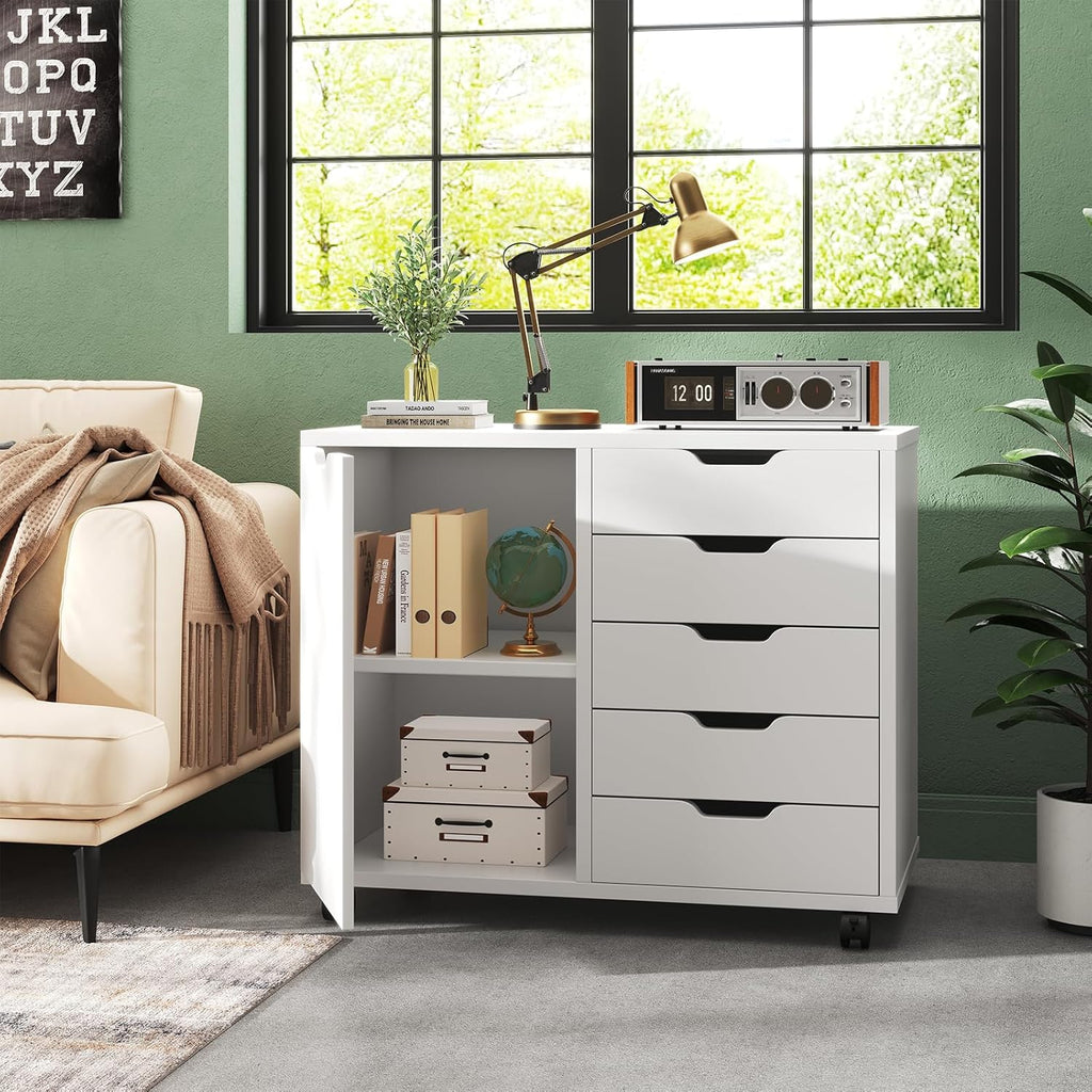 DUMOS 5 Drawer File Cabinet Office Drawers Organizer with Wheels Roliing, Under Desk Cabinets with Shelves and Door Printer Stand with Wood Board Metal Frame for Home Office Storage Craft Room, White