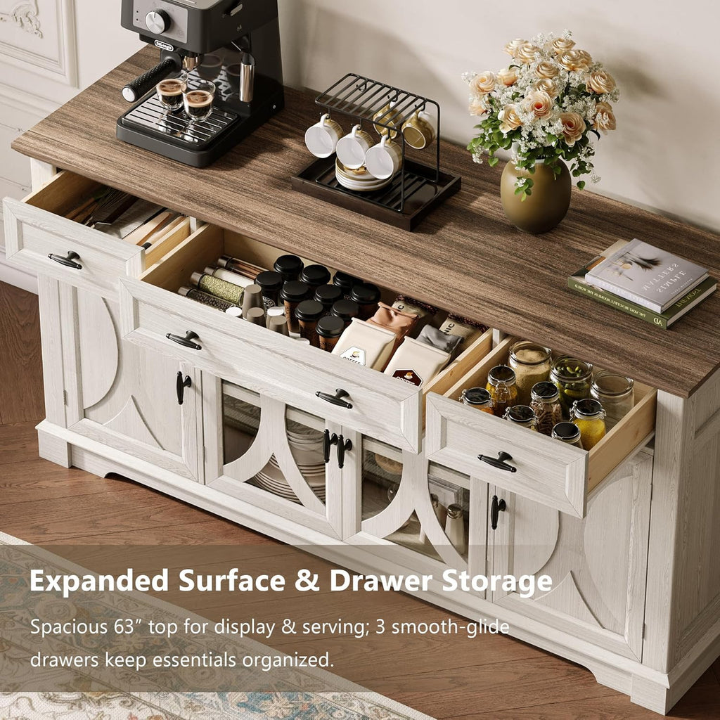 Einhomn 64" Farmhouse Sideboard Cabinet with 3 Drawers and 4 Doors, Buffet Cabinet with Adjustable Shelves and Curved Glass Doors, Large Storage Cabinet for Dining Room, Living Room, Kitchen,White