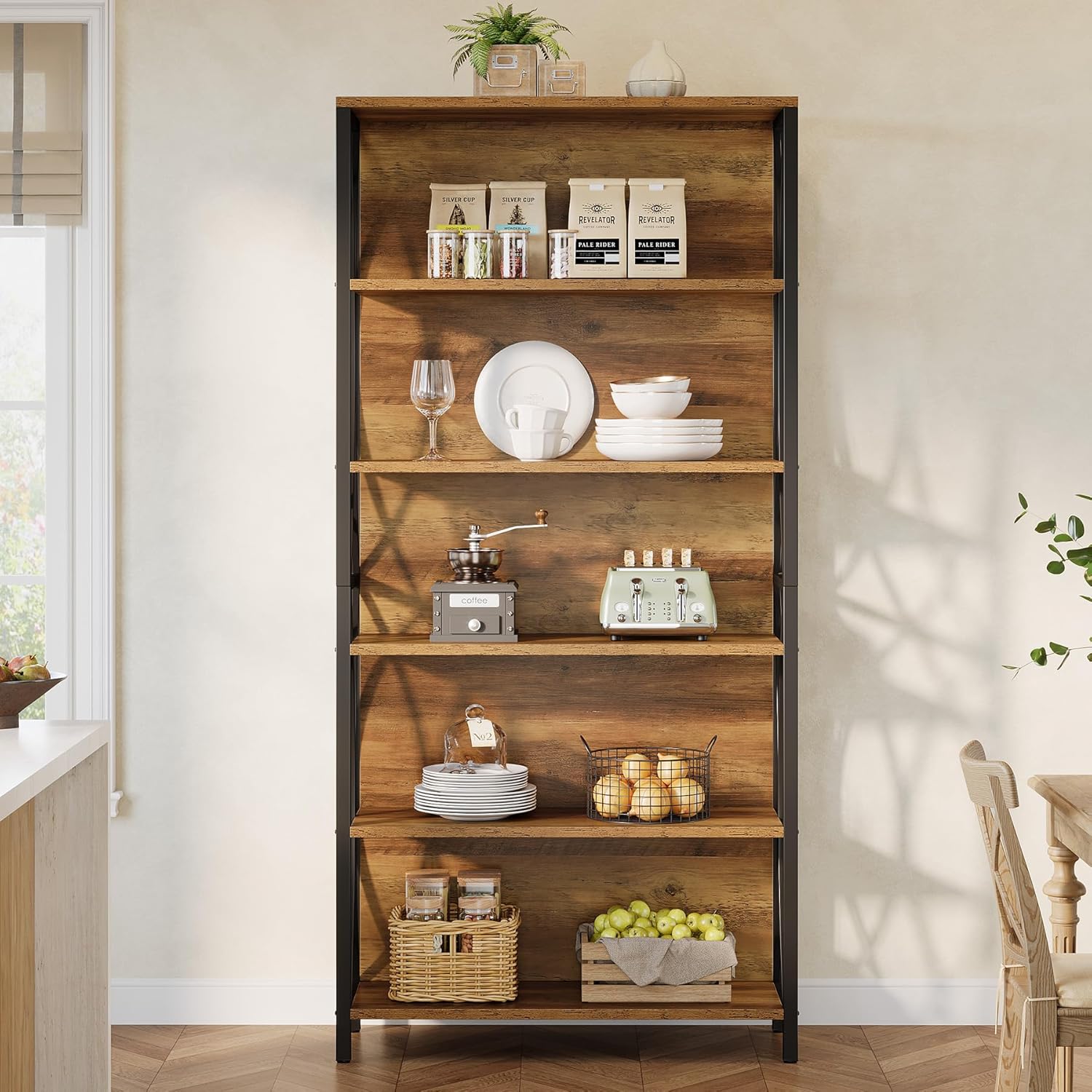 Tribesigns 70.87" Tall Bookshelf, 6-Tier Industrial Bookcase with Geometric Metal Frame & Open Storage Shelves, Rustic Freestanding Display Shelf for Home Office, Living Room, Brown& Black