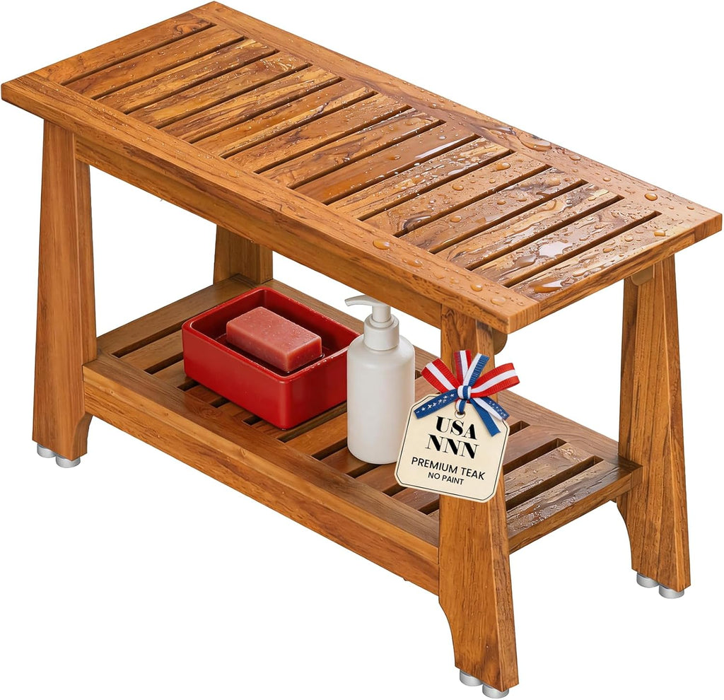 NNN 30" Commercial Teak Shower Bench - 8 Non-Slip Leveling Feet & 350 lbs Capacity | Rock-Solid Stability for Seniors & Spa Safety | Waterproof Design for Saunas/Outdoor Pools (Patented)