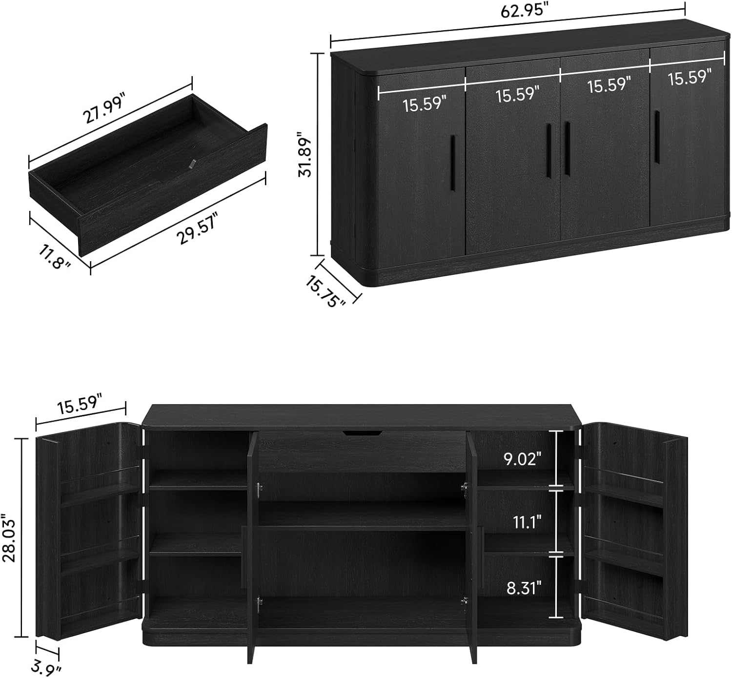 ONBRILL 63" Curved Buffet Cabinet with Storage and 4 Doors, Large Sideboard Buffet Storage Cabinet with Adjustable Shelves, Modern Coffee Bar Table for Dining Room, Living Room, Entryway (Black)