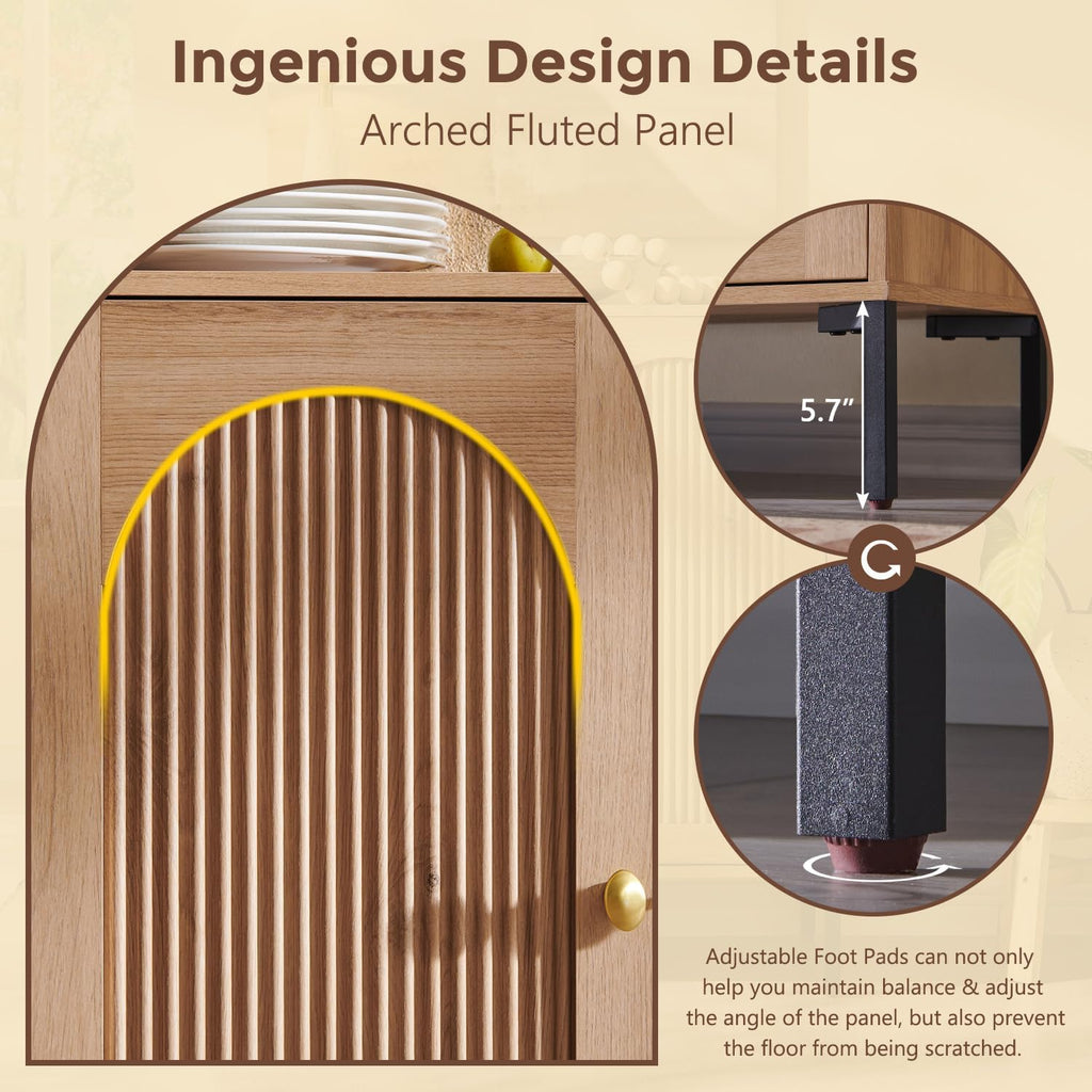 IFGET Modern Buffet Cabinet with Storage, 61.75" W Fluted Arched Sideboard Cabinet w/Adjustable Shelves, Wooden Modular Coffee Bar for Dining Room, Kitchen, Living Room, Entryway, Natural