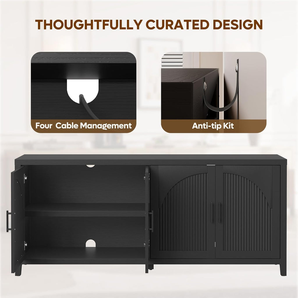 Bestier 70" Sideboard Buffet Cabinet with Storage, Modern Credenza Storage Cabinet, Farmhouse Arch Fluted Doors & Adjustable Shelves,Soild Wood Side Board Long Cabinet for Living Room, Entryway, Black