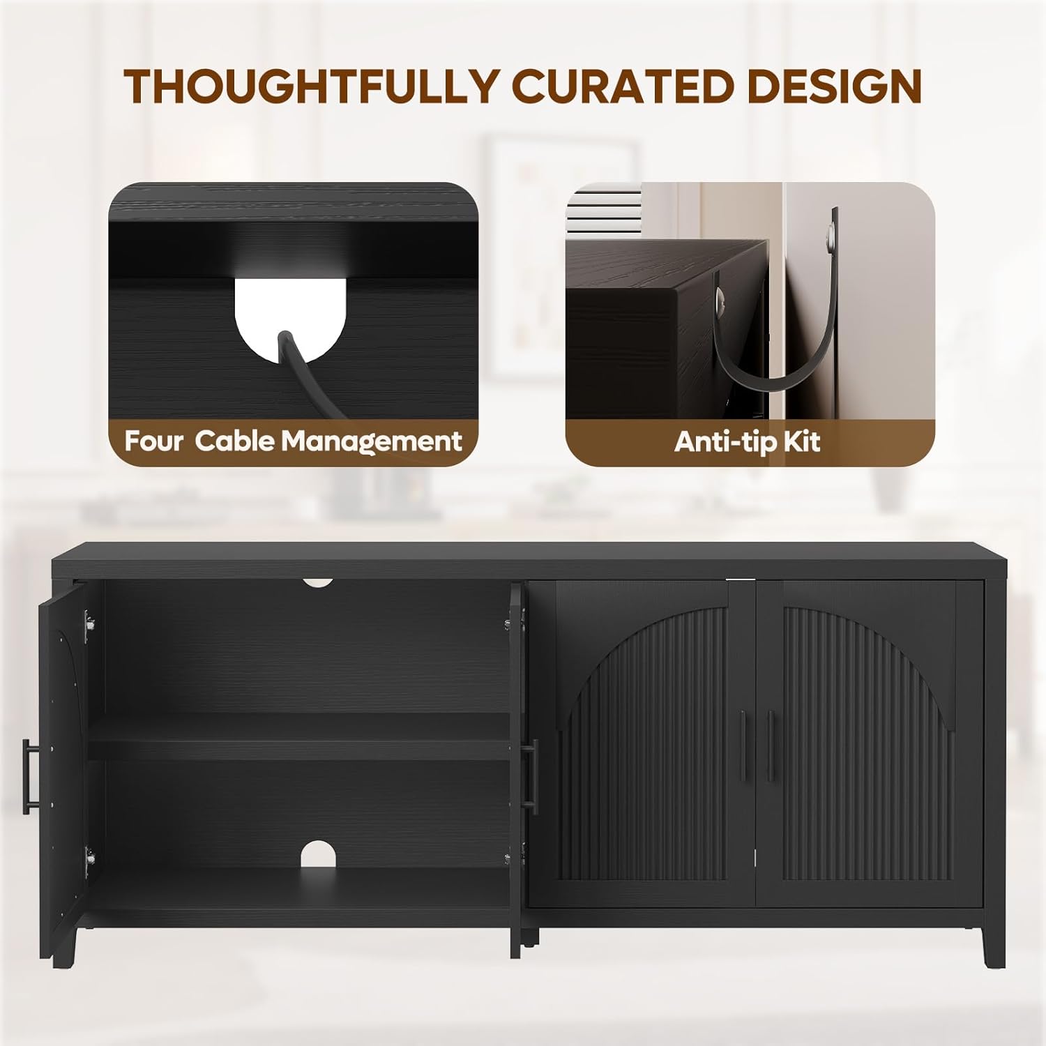 Bestier 70" Sideboard Buffet Cabinet with Storage, Modern Credenza Storage Cabinet, Farmhouse Arch Fluted Doors & Adjustable Shelves,Soild Wood Side Board Long Cabinet for Living Room, Entryway, Black
