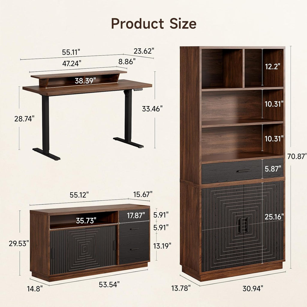 ONBRILL Home Office Furniture Sets, 55'' Standing Desk with 55'' File Cabinet, Electric Height Adjustable Standing Desk with 71'' Tall Modern Bookshelf, Home Office Furniture Set, Walnut