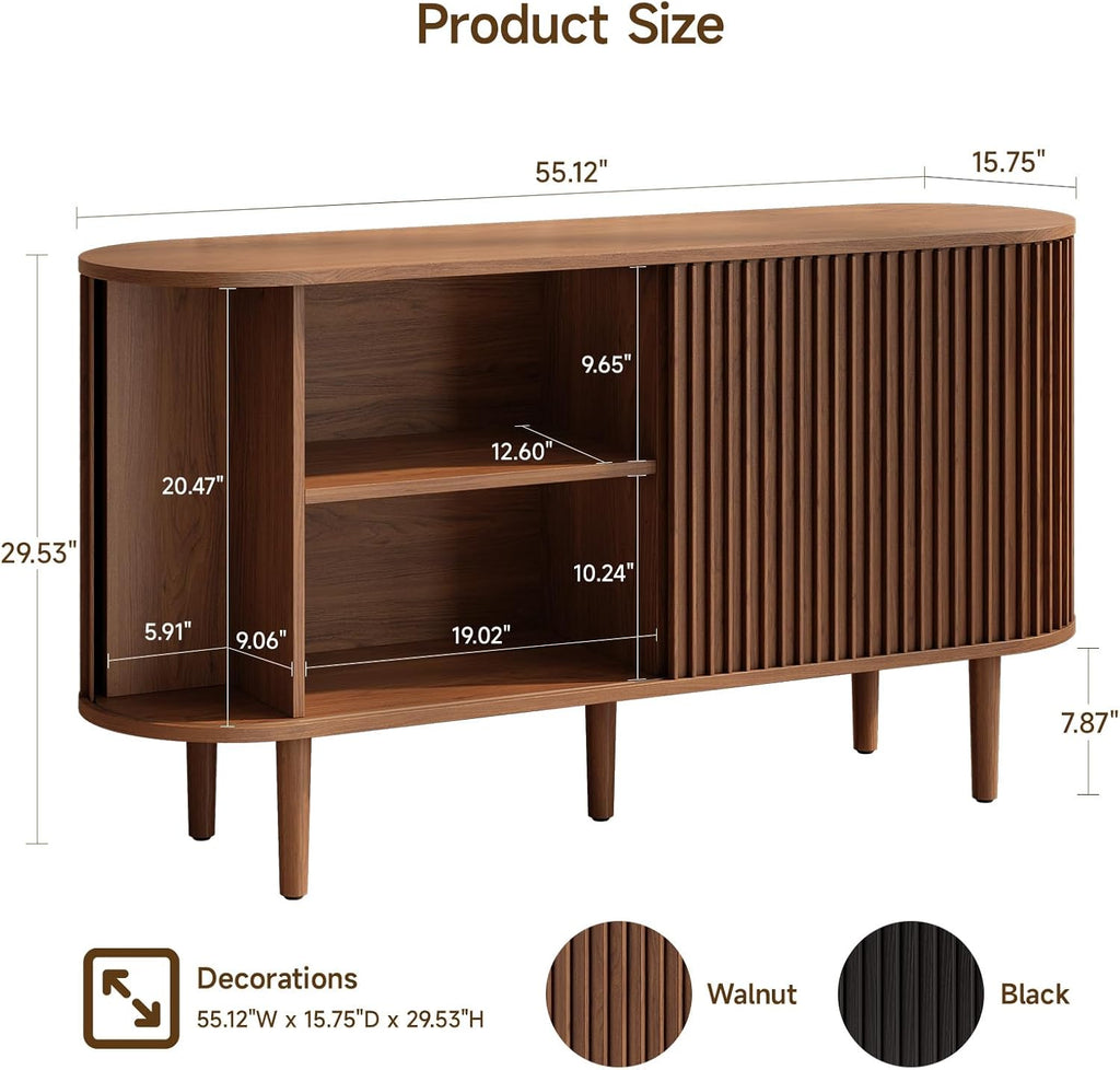 ONBRILL 55" Buffet Sideboard Cabinet with Sliding Doors, Mid-Century Modern Sideboard Buffet Cabinet with Storage & Adjustable Shelves, Accent Coffee Bar Console Table for Kitchen, Entryway, Walnut
