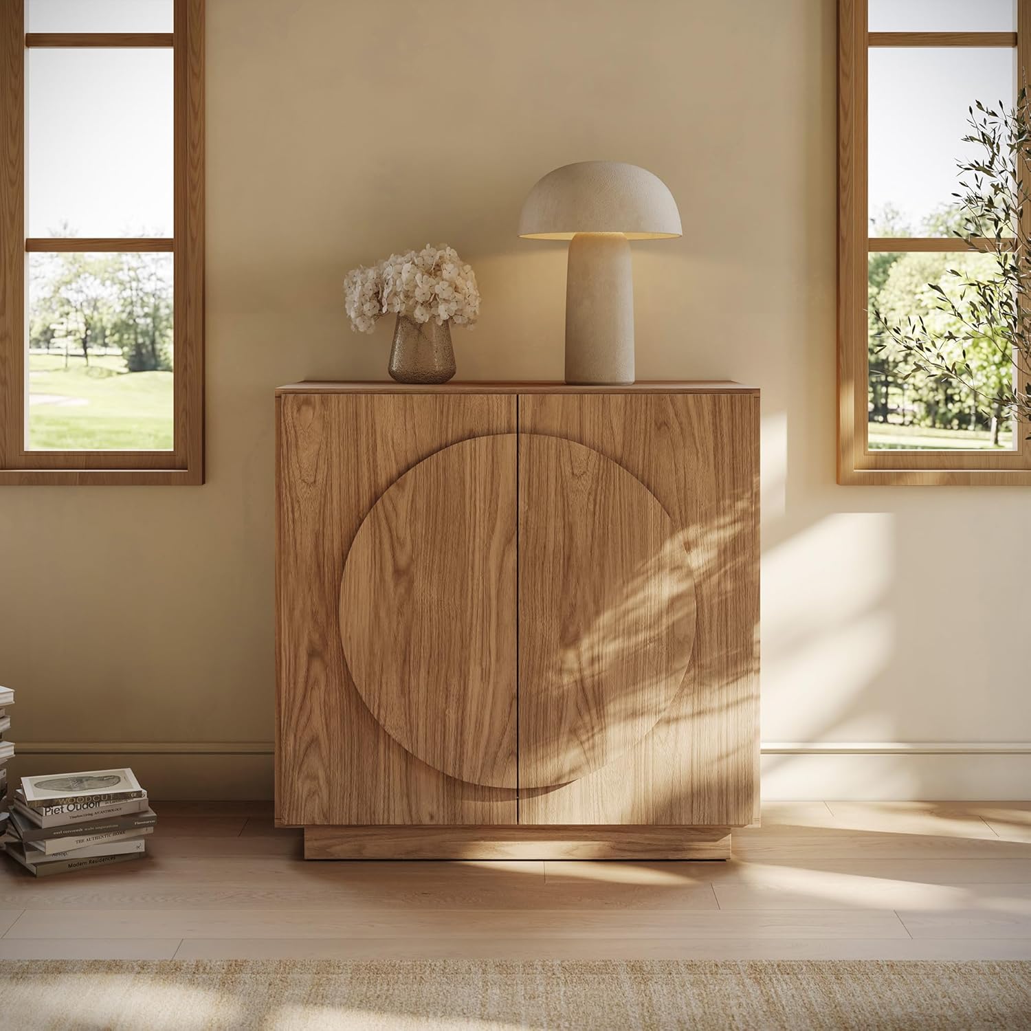 BELLEZE Mid Century Modern Arched Sideboard with Adjustable Shelf & Symmetrical Doors.Modular Buffet Cabinet with Console Table for Entryway Kitchen Living Room (Camel)
