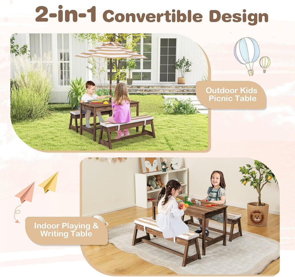 HONEY JOY Kids Picnic Table, Outdoor Wooden Table & Bench Set w/Removable Cushions and Umbrella, Stripe Fabric, Children Backyard Furniture for Patio Garden, Gift for Toddler Boys Girls Age 3+(Coffee)