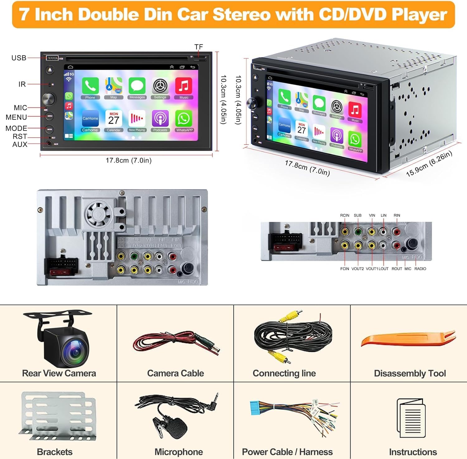 Double Din Car Stereo with Carplay & Android Auto, Adapter-Universe 7 Inch Car Radio with CD/DVD Player Support Back up Camera, Bluetooth & Voice Control, Mirror Link, Subwoofer, SWC, Subwoofer, AM/FM