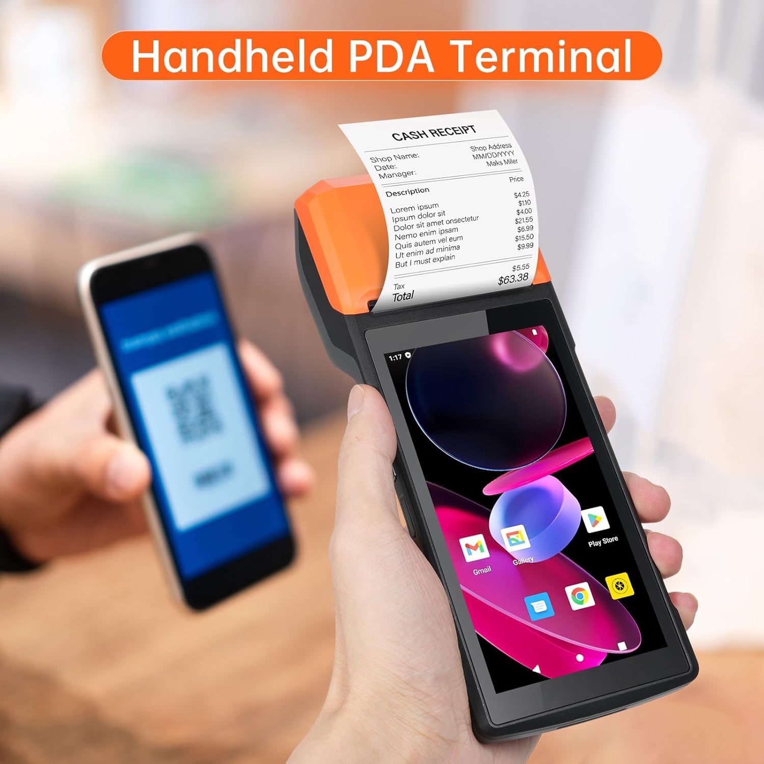 Bisofice Android 14 Handheld POS Receipt Printer 1D/2D/QR Barcode Scanner PDA 5.5” Touchscreen 5MP Camera WiFi 4G BT for Warehouse Inventory, Logistics, Retail, POS System