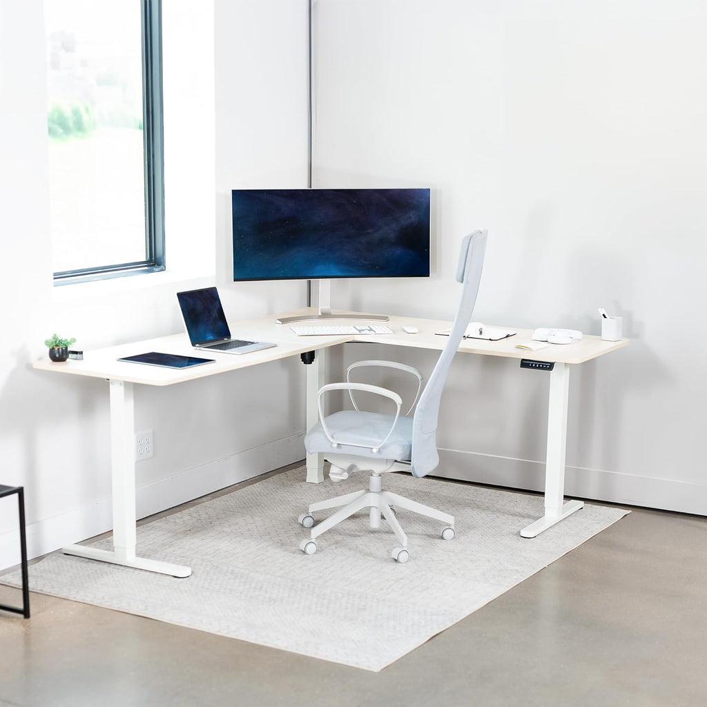 VIVO Corner Standing Desk, 75 x 63 inch Reversible L-Shaped Workstation, Electric Height Adjustment, Home, Office, and Reception Rooms, Light Wood Table Top White Frame, DESK-E3CTC-75