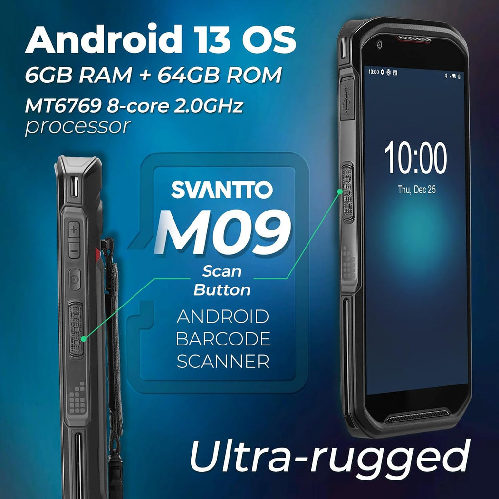 SVANTTO Android Barcode Scanner M09, Android 13 Handheld PDA Scanner, 5.5 Inch Touch Screen 6+64GB Hot-Swap for Inventory WMS, Dual SIM Capability