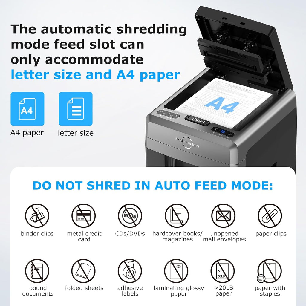 BONSEN 300-Sheet Auto Feed Paper Shredder, 60 Minutes Non-Stop Commercial Grade Heavy Duty Shredders for Office, 8.1 Gallon Micro Cut Document Shredder, P-4 Security Level,58dB Super Quiet