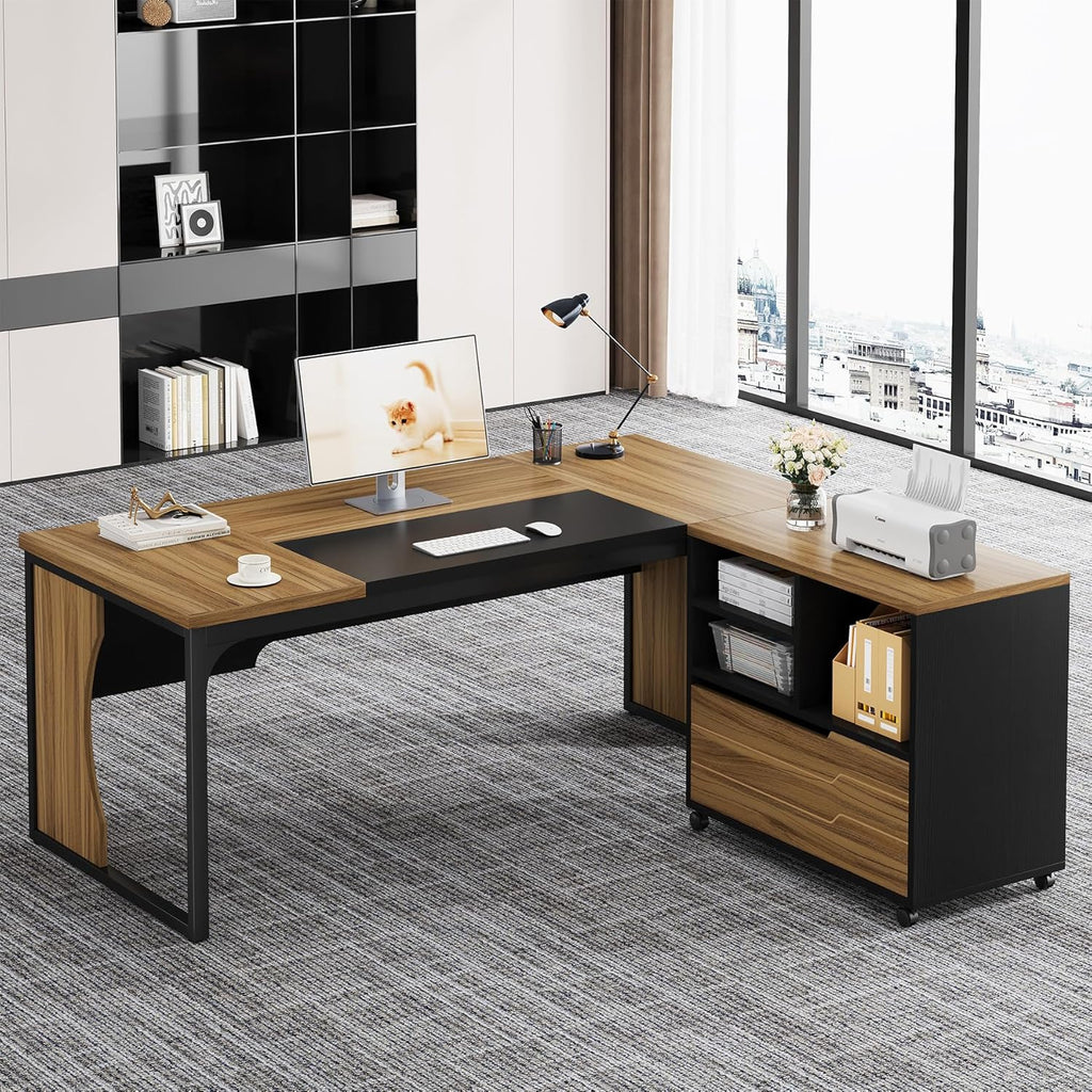 L Shaped Executive Computer Desk with Mobile File Cabinet and LED Light, 63 inch Large Office Table Business Furniture with Storage and Drawers for Home Office, Dark Walnut
