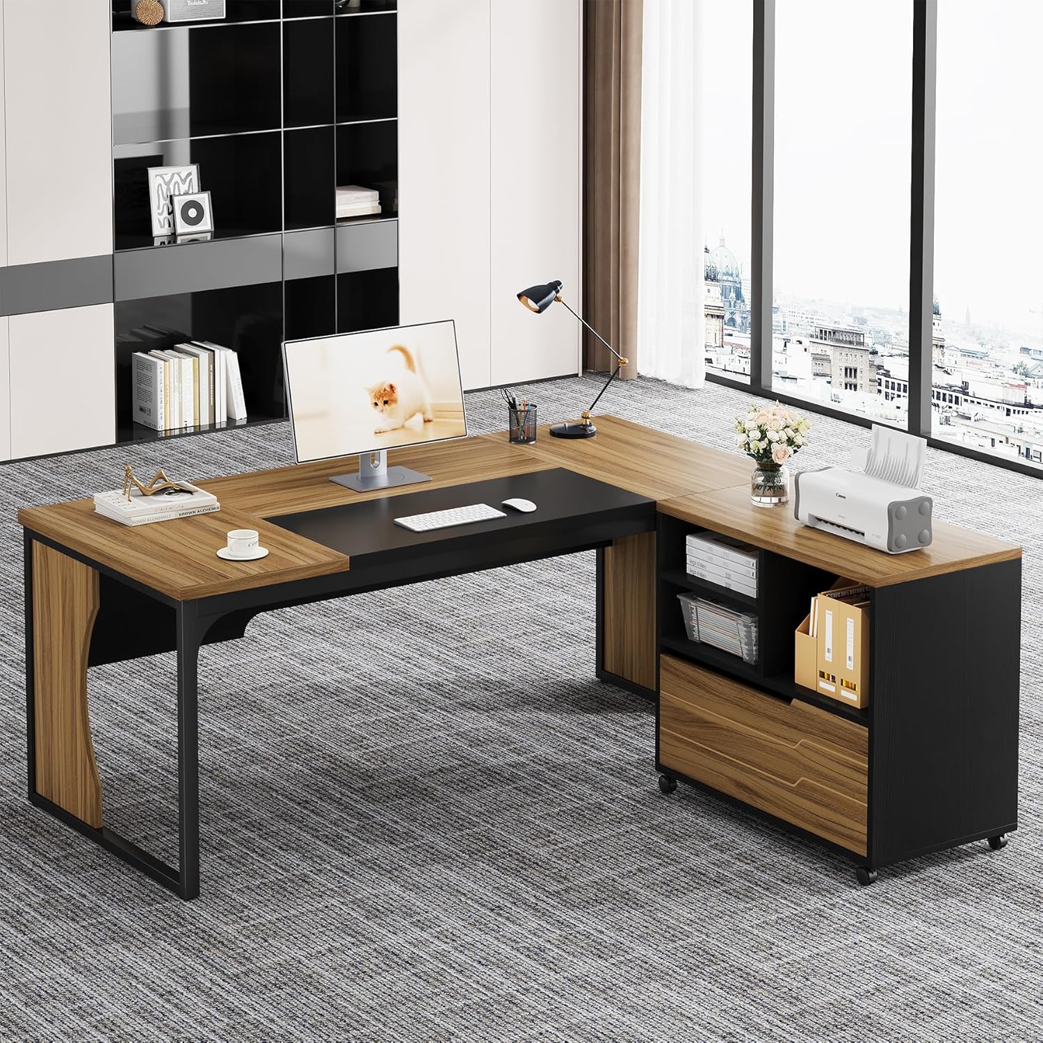 L Shaped Executive Computer Desk with Mobile File Cabinet and LED Light, 63 inch Large Office Table Business Furniture with Storage and Drawers for Home Office, Dark Walnut