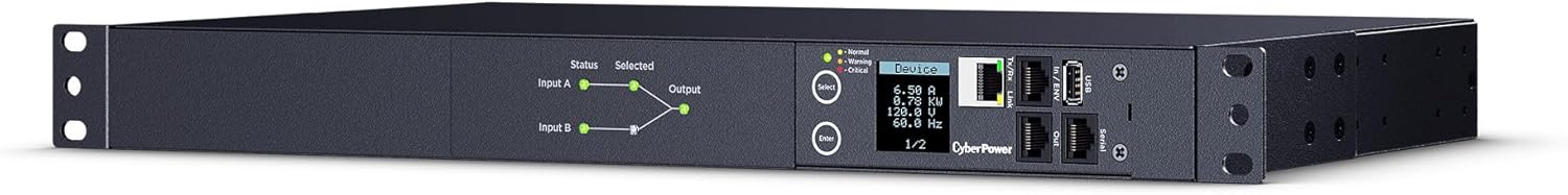 CyberPower PDU44002 Switched ATS PDU, 100-120V, 20A (Derated to 16A), 10 Outlets, 1U Rackmount