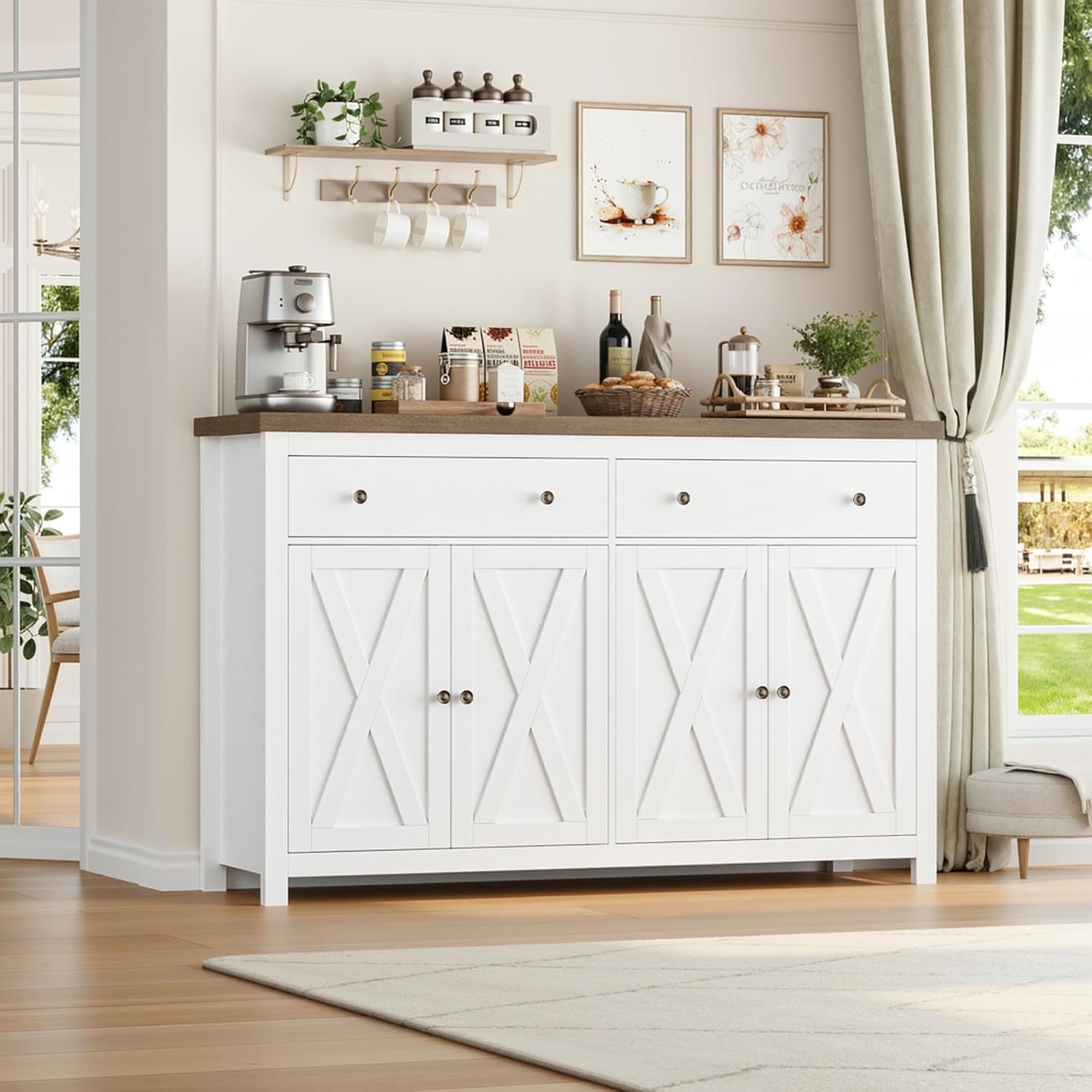 FOTOSOK Sideboard Buffet Cabinet with Storage, 55" Large Kitchen Storage Cabinet with 2 Drawers and 4 Doors, Wood Coffee Bar Buffet Table Console Table for Kitchen Dining Room, White