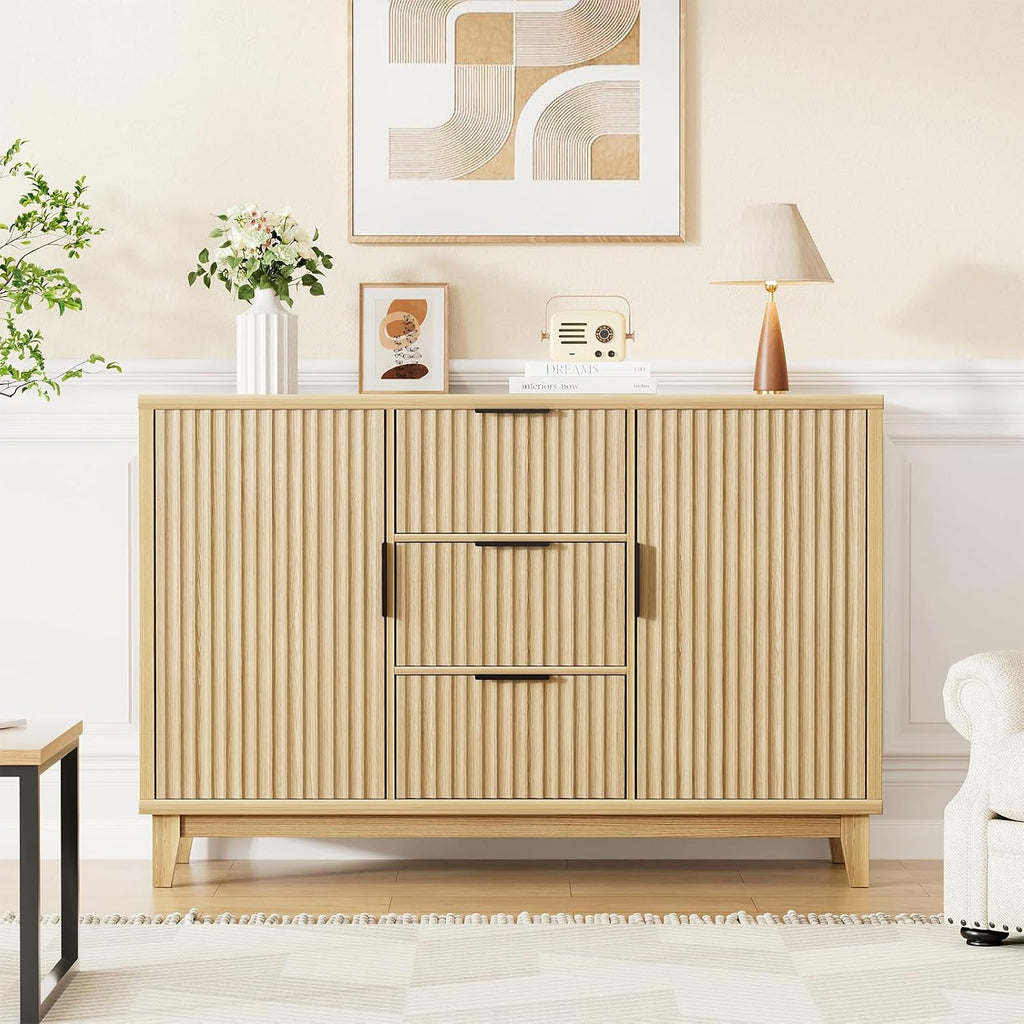 47.2" W Storage Cabinet with 3 Drawers, Fluted Buffet Cabinet with Storage, Large Sideboard Cabinet with 2 Doors, Modern Mid Century TV Stand Coffee Bar Cabinet for Living Room, Kitchen, Entryway