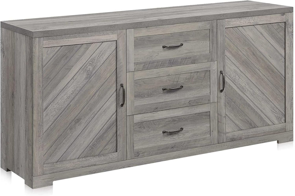 BELLEZE 60" Sideboard Buffet Cabinet, Console Table with Three Drawers & Two Storage Cabinet for Dining Room, Kitchen, and Living Room- Hilo (Gray Wash)