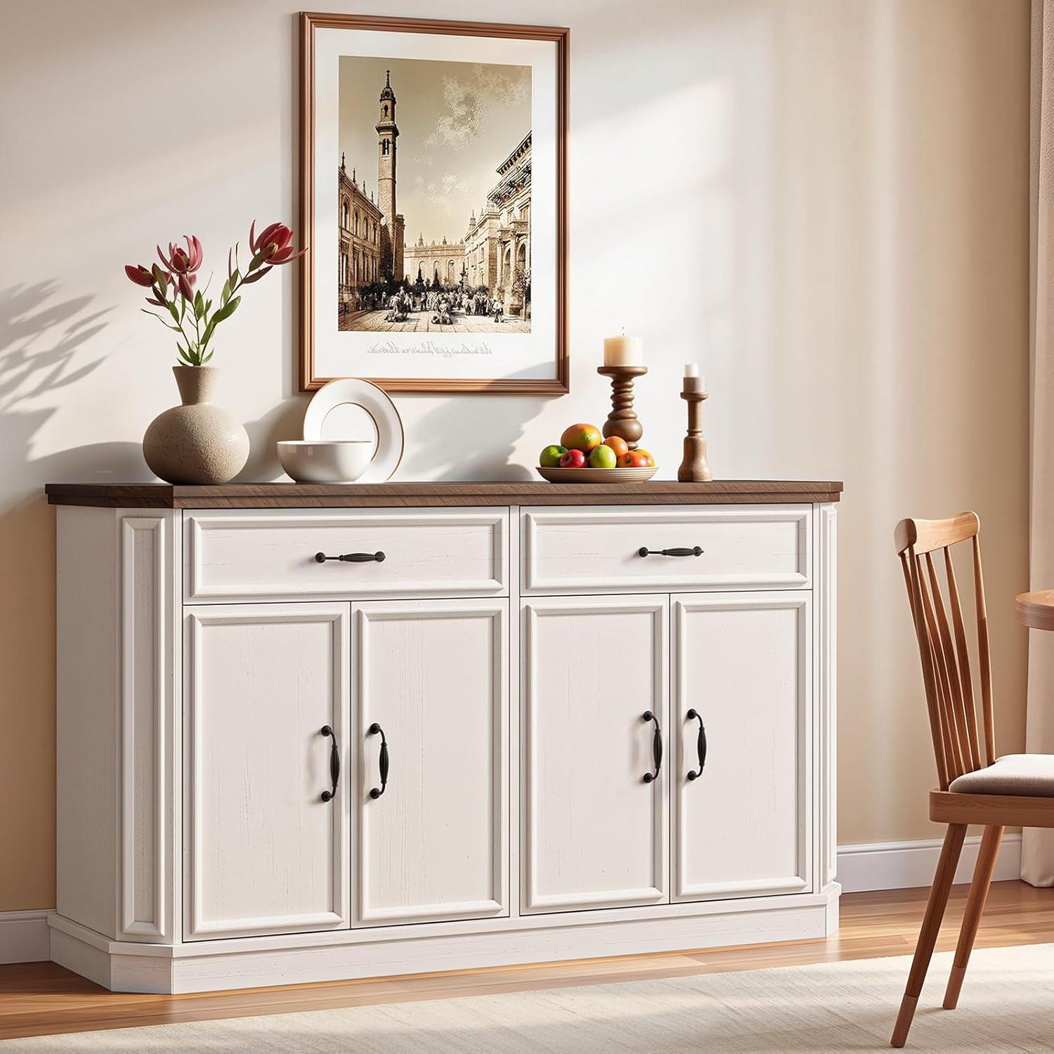 ONBRILL 55" Sideboard Buffet Cabinet with 2 Storage Drawers & 4 Doors, Modern Kitchen Sideboards and Buffets with Adjustable Shelves, Wood Coffee Bar Cabinet for Living Room, Entryway, Off-White