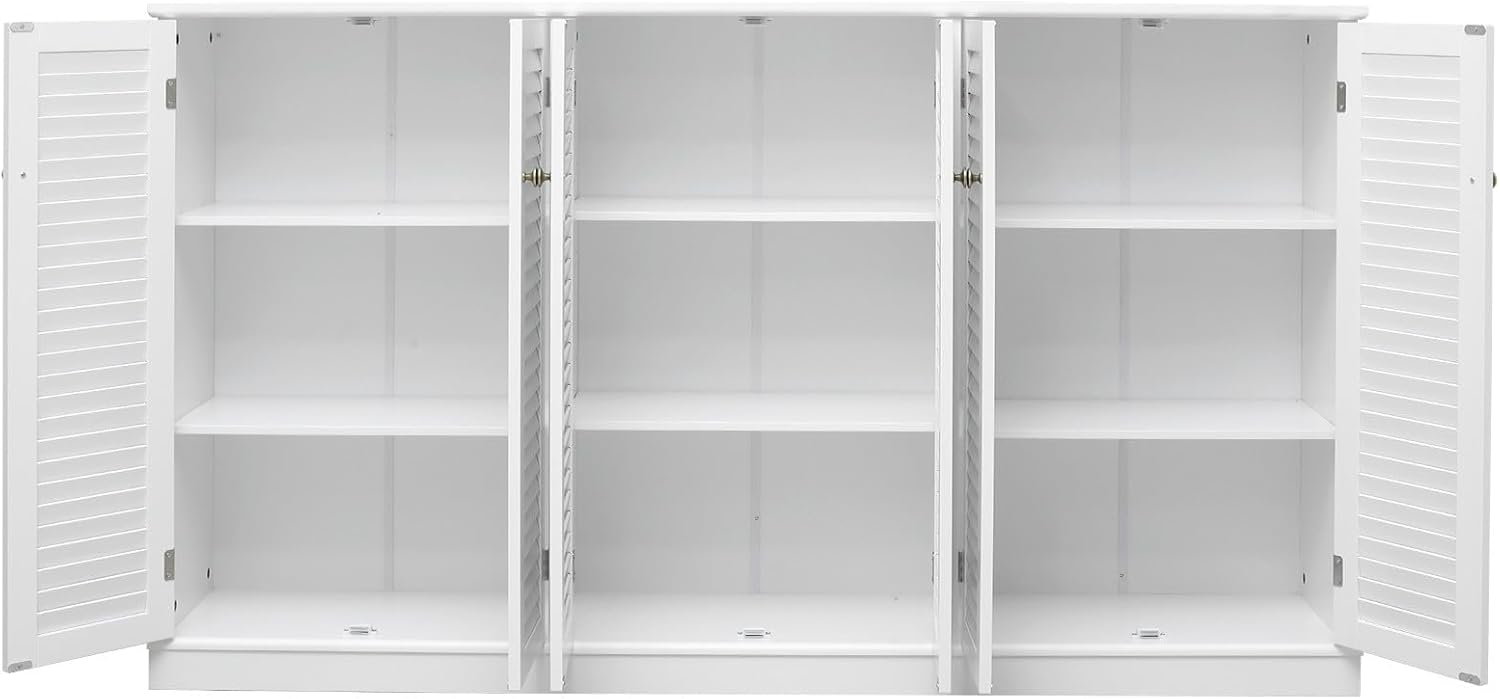 Farmhouse Sideboard Buffet Cabinet Storage, 63" W with 6 Shutter Door for Kitchen & Living Room Storage Cabinet, Wood Coffee Bar, White