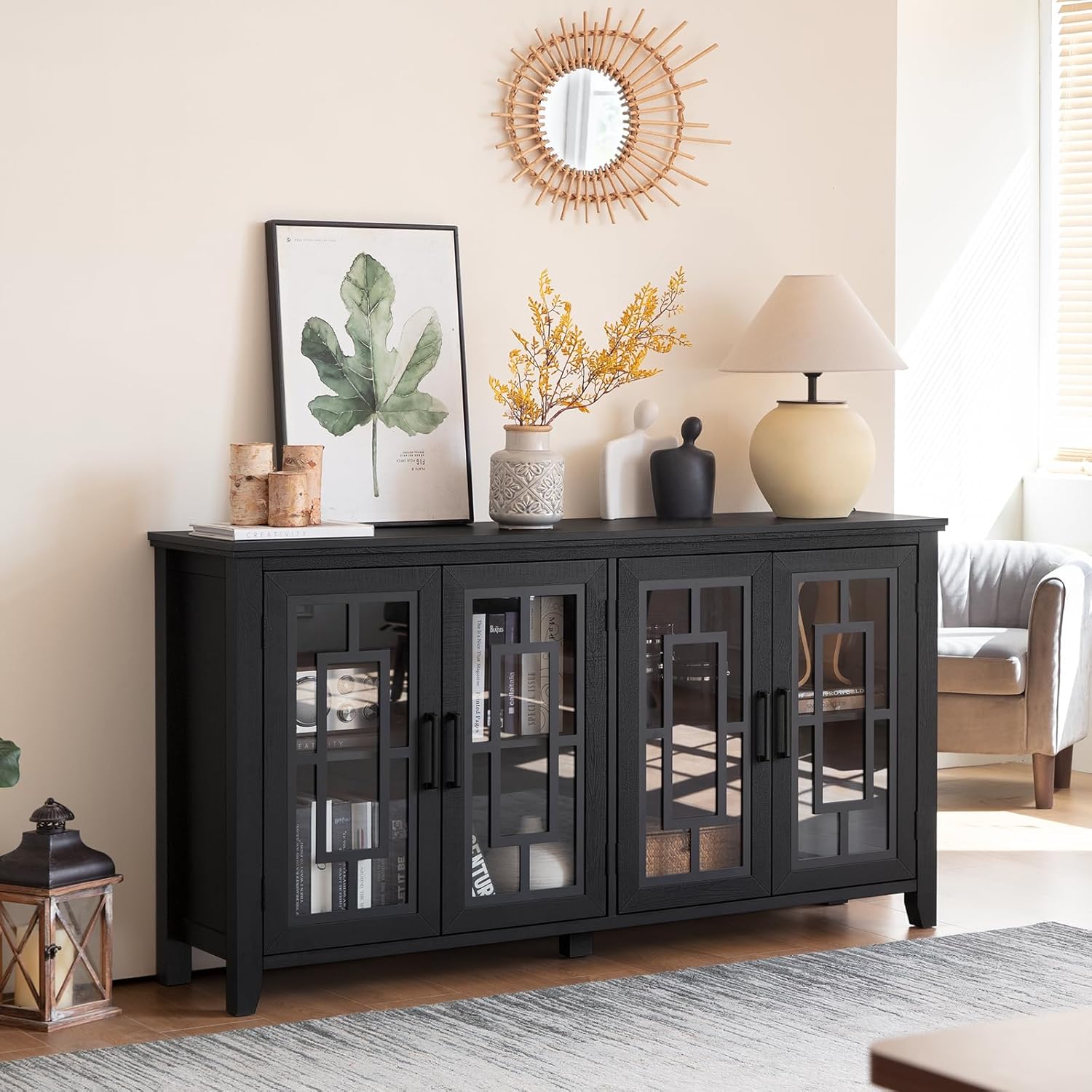 Joaxswe Large Sideboard Buffet Cabinet with Storage, 63" Black Farmhouse Kitchen Coffee Wine Bar Cabinet with 4 Glass Doors, Mid Century Modern Wooden Side Board Table for Dining Room, Living Room