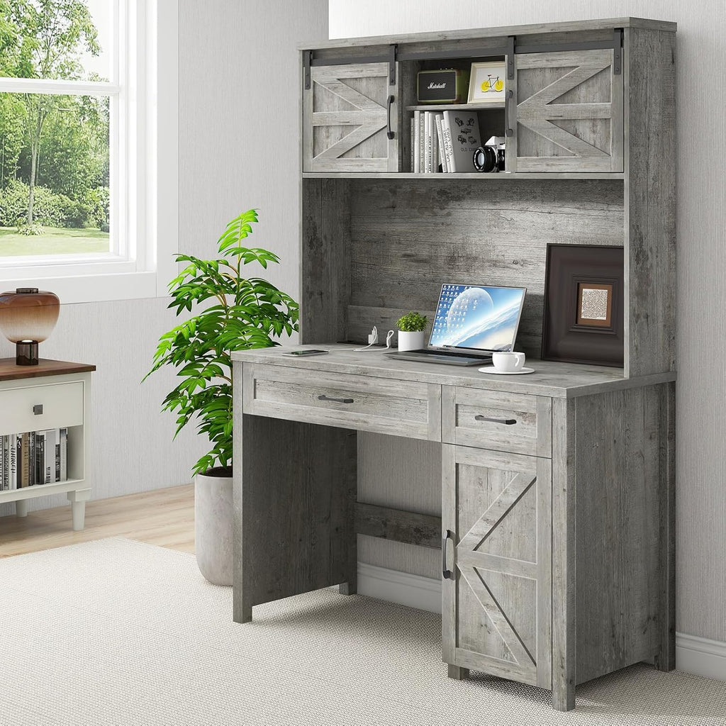 Vabches Farmhouse 47" Executive Desk, Computer Desk with 2 Drawers, LED Light and Storage Cabinet, Home Office Desk with Hutch, Charging Hub, Workstation for Home Office and Study, (Grey).