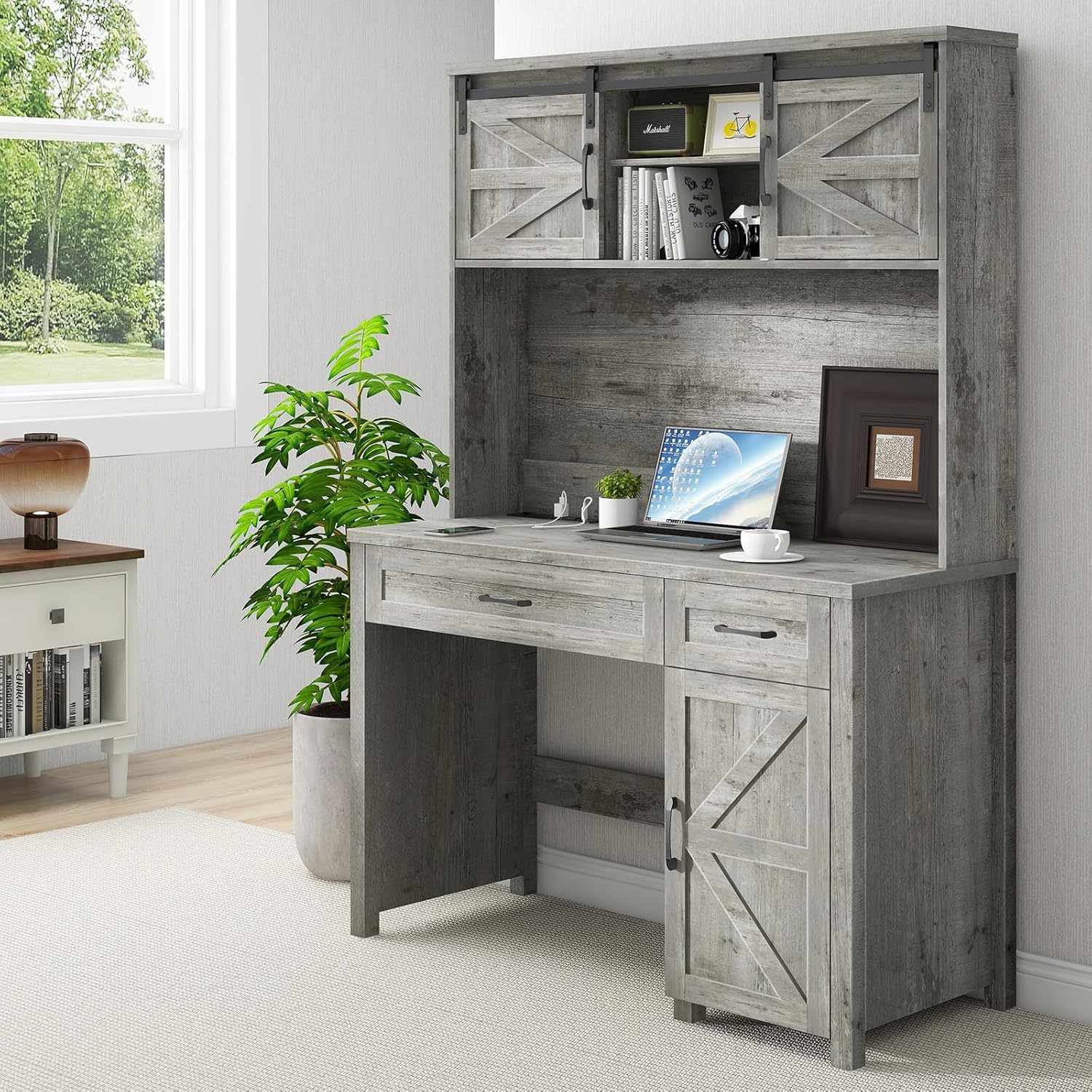 Vabches Farmhouse 47" Executive Desk, Computer Desk with 2 Drawers, LED Light and Storage Cabinet, Home Office Desk with Hutch, Charging Hub, Workstation for Home Office and Study, (Grey).