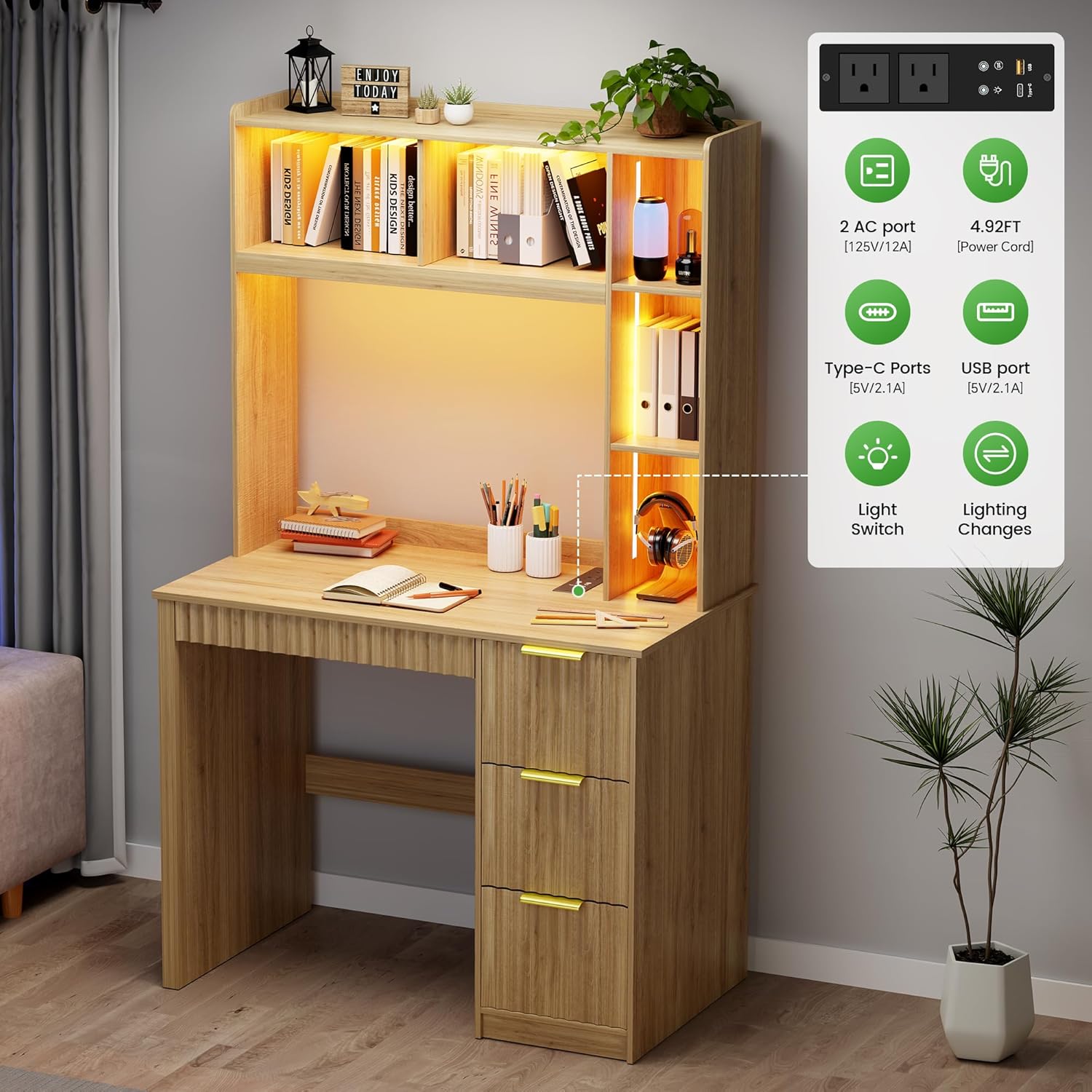 HNEBC Home Office Desk with Hutch and Drawers - 39" Standing Computer Desk with Charging Station&3 Color Lights,Hidden Compartment & Fluted Panel Design, LED Writing Desk for Bedroom, Study (Natural)