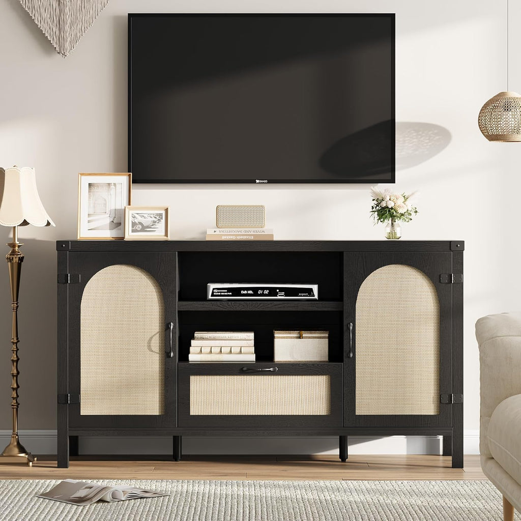 IDEALHOUSE 47.2" Buffet Cabinet with Storage, Farmhouse Kitchen Sideboard with Drawer, Rattan Coffee Bar Cabinet for Living Room, Kitchen, Entryway, Black