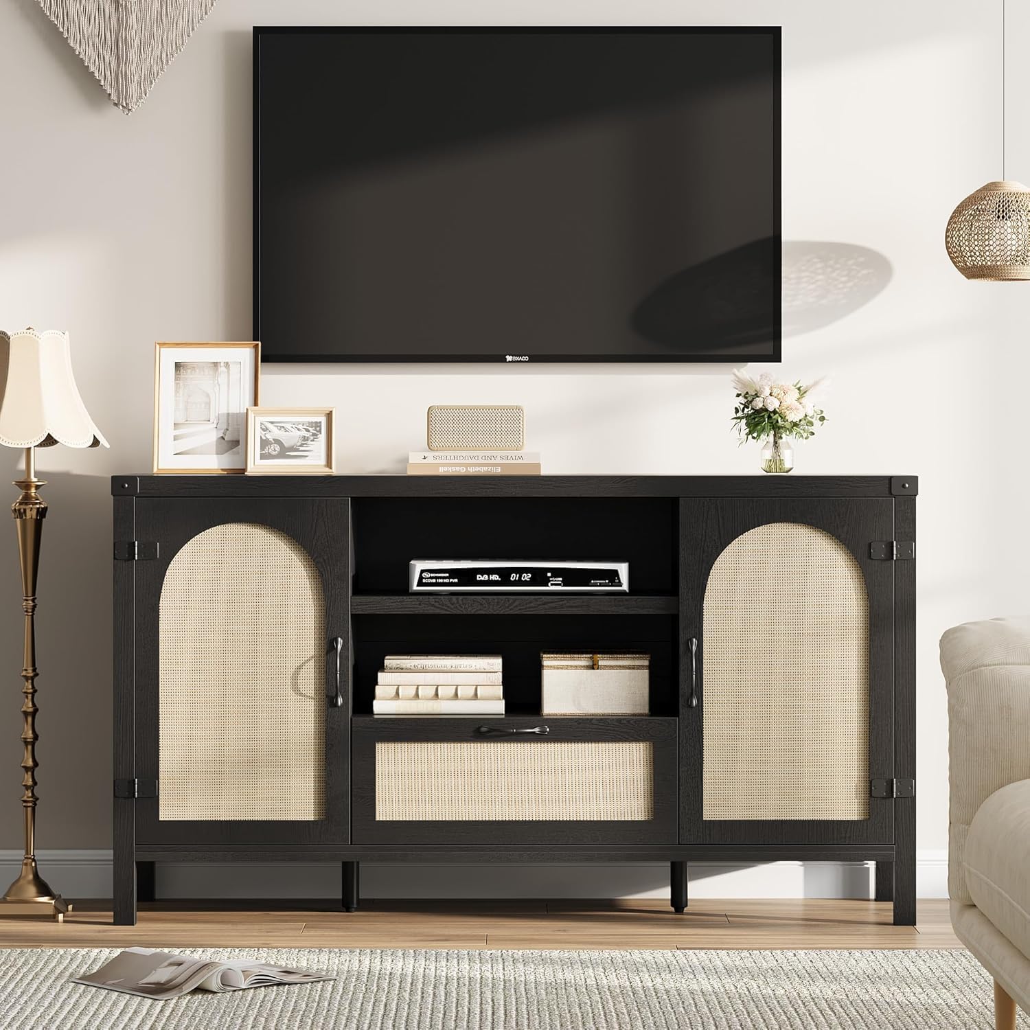 IDEALHOUSE 47.2" Buffet Cabinet with Storage, Farmhouse Kitchen Sideboard with Drawer, Rattan Coffee Bar Cabinet for Living Room, Kitchen, Entryway, Black