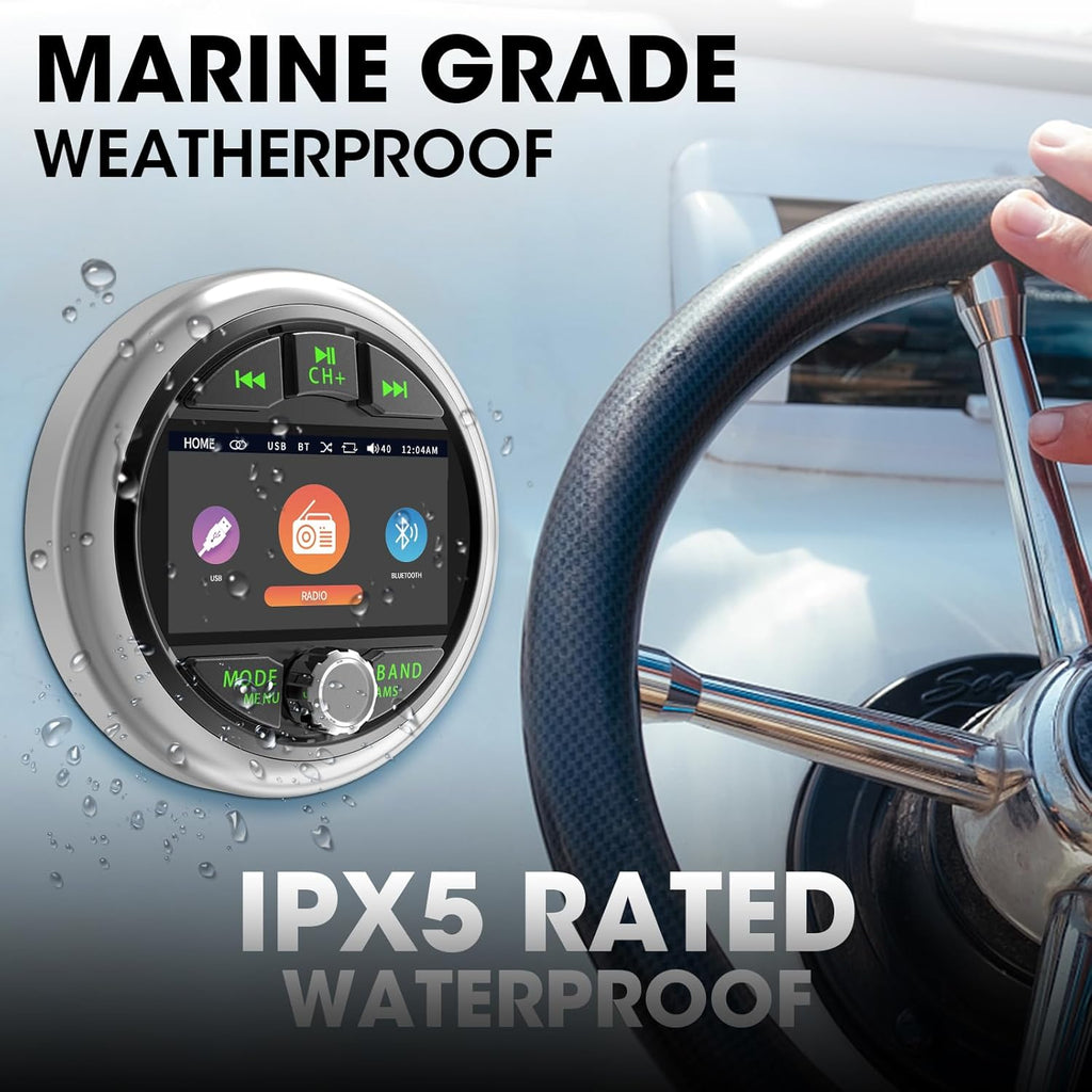 Bluetooth Marine Gauge Stereo System: Waterproof Boat AM FM Radio Receiver - 3 Inch LCD Display Digital Multimedia MP5 Player USB AUX Subwoofer 200 Watts Output
