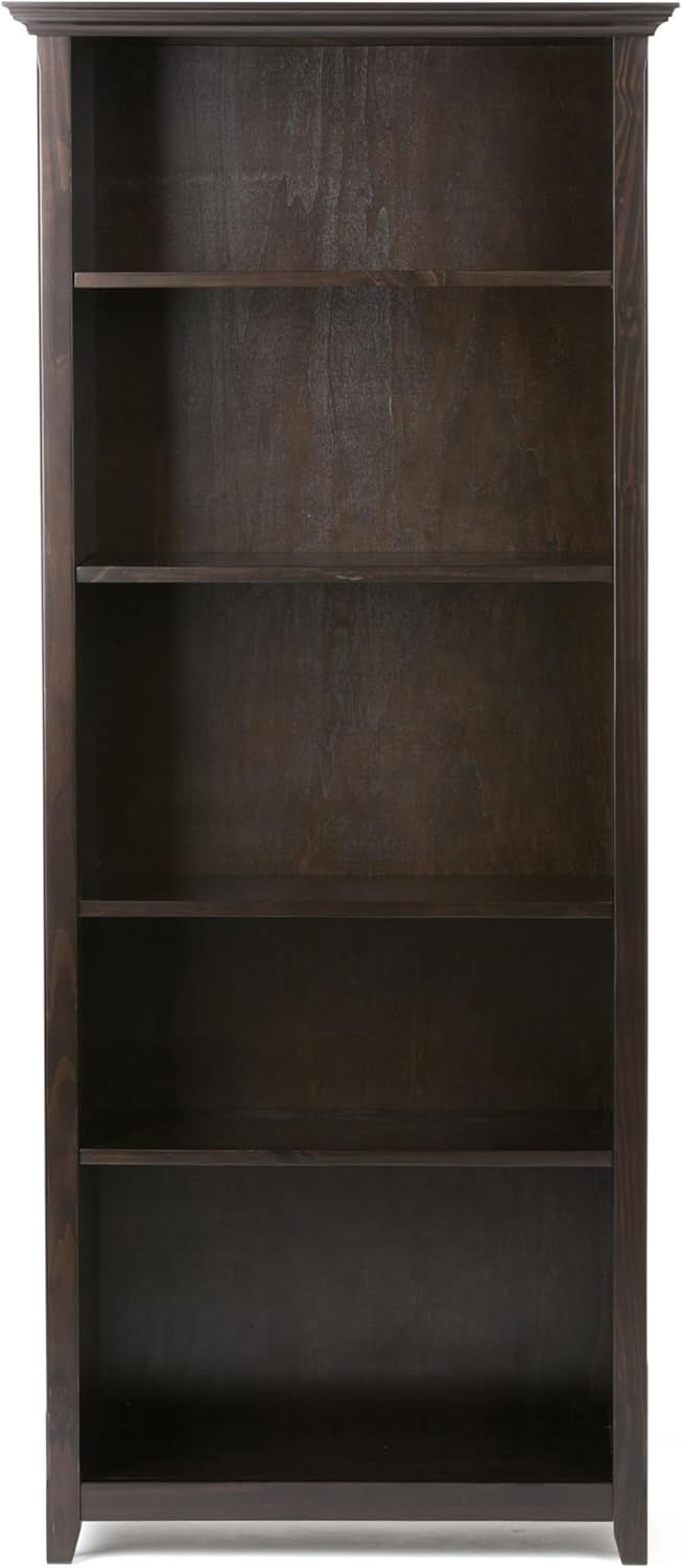SIMPLIHOME Amherst Bookcase - 70 inch Tall 5-Shelf Solid Wood Bookshelf in Hickory Brown, Transitional Storage for Living Room, Study Room or Office with Adjustable Shelves and Tapered Legs
