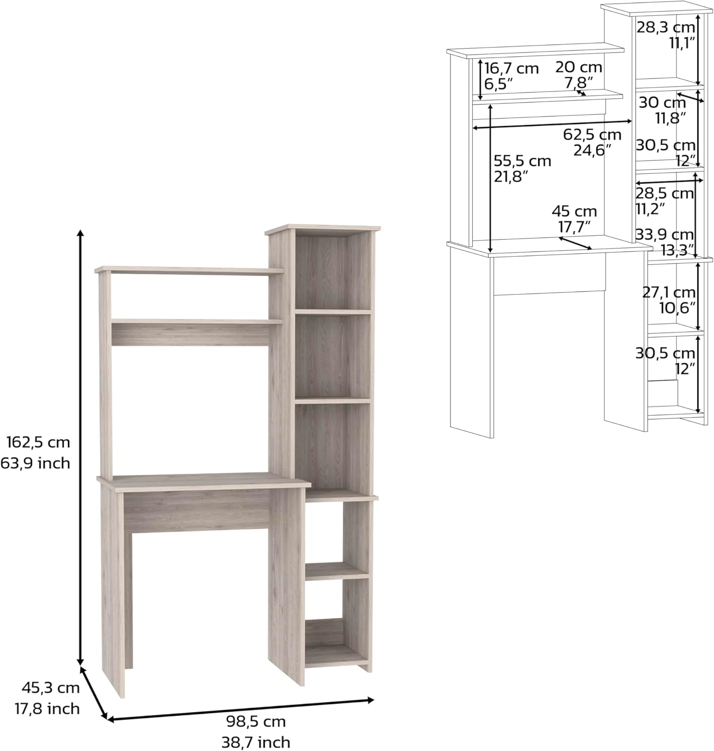 GOWE 2 Piece Office Set, Dozza Bookcase + Aramis Desk, Light Gray