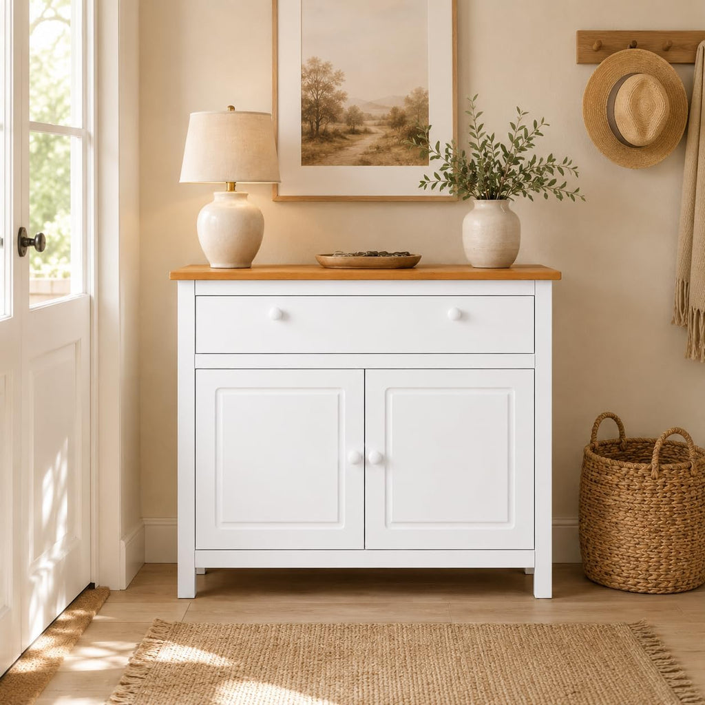 From the Tree Furniture 44" Wide White & Pine Top Solid Pine Shaker Sideboard Buffet Cabinet — 2 Doors, Adjustable Shelves & 1 Drawer — Anti-Tip Included — Two-Tone Farmhouse Finish for Dining Room