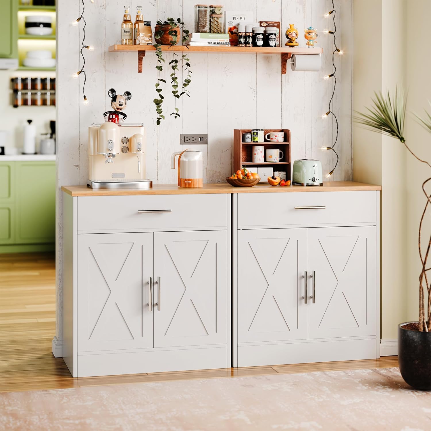 SUNLEI Sideboard Buffet Cabinet, Wooden Storage Cabinet with 2 Doors & 1 Drawers, Farmhouse Coffee Bar Cabinet with Storage for Living Room, Adjustable Shelf, White&Yellow