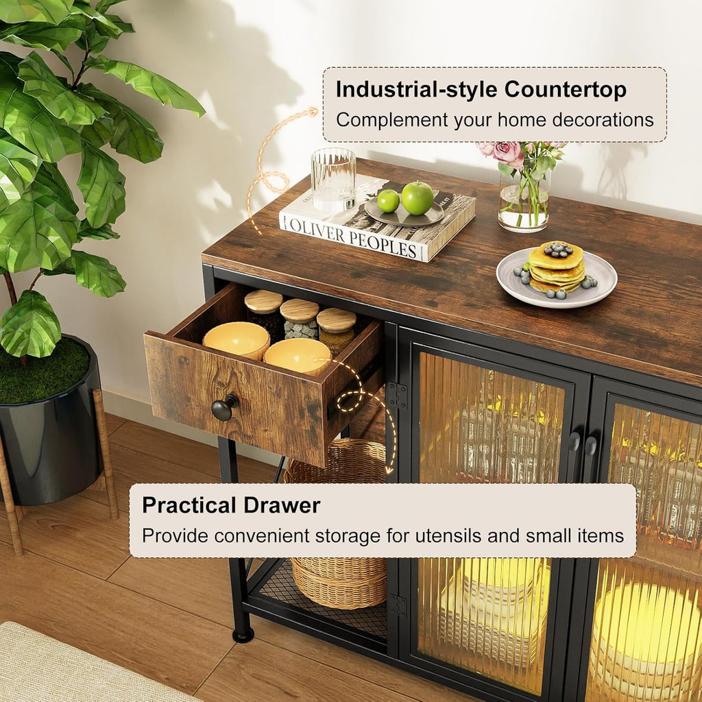 Giantex Buffet Sideboard with Power Outlets and LED Light, Industrial Kitchen Storage Cabinet with Drawer and Doors, Coffee Bar Table for Dining Room, Rustic Brown