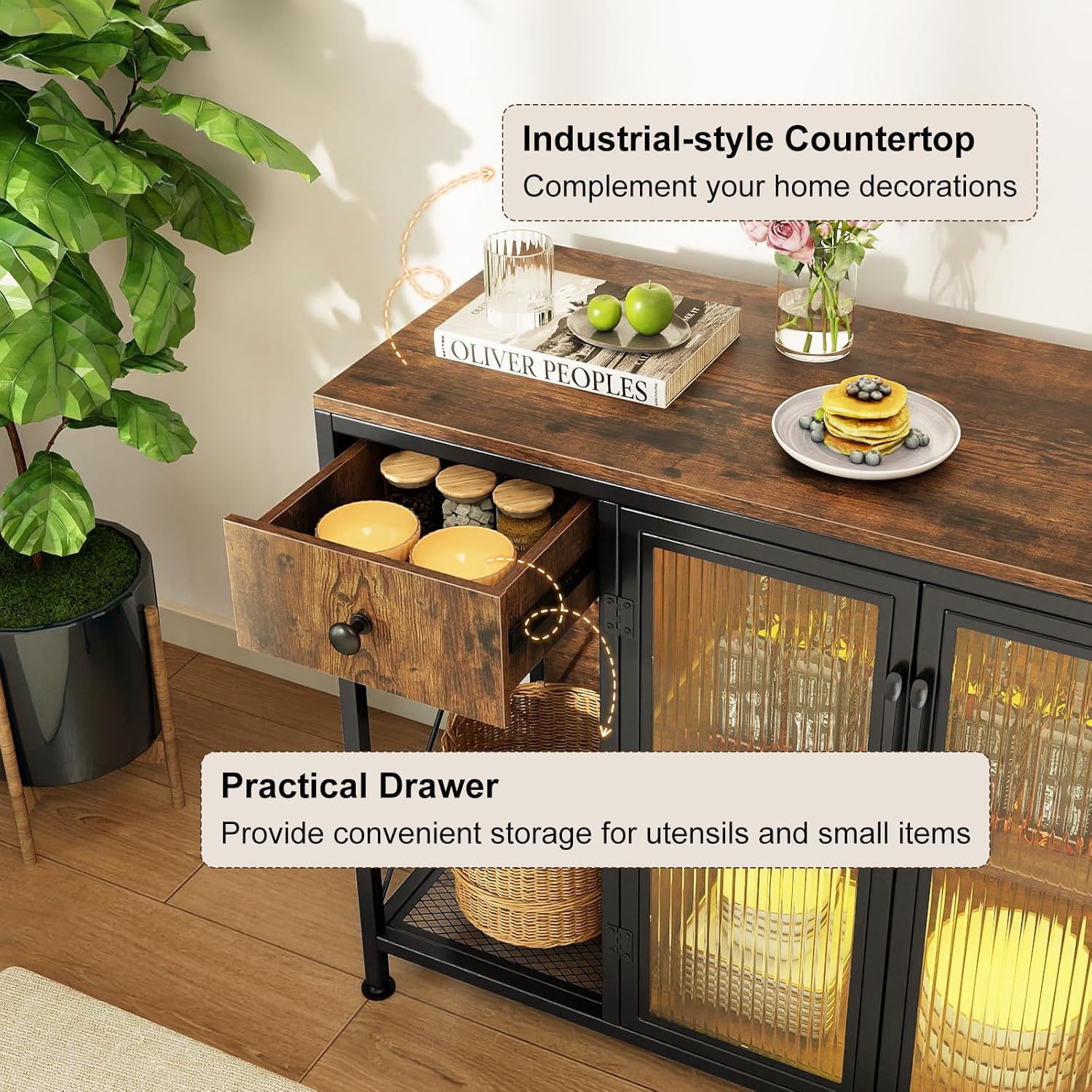 Giantex Buffet Sideboard with Power Outlets and LED Light, Industrial Kitchen Storage Cabinet with Drawer and Doors, Coffee Bar Table for Dining Room, Rustic Brown