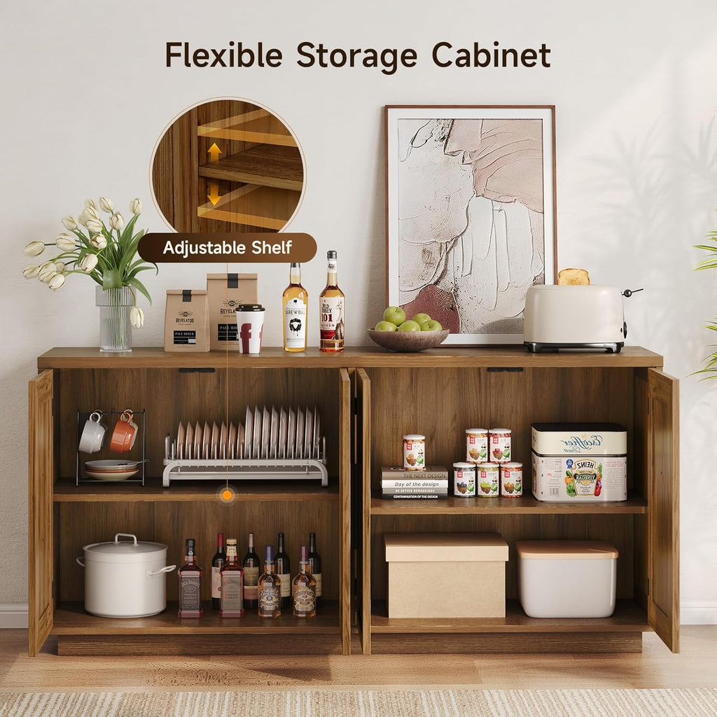 ONBRILL 63 Inch Sideboard Buffet Cabinet with Storage, Large Coffee Bar Cabinet with 4 Doors, Adjustable Shelves, Credenza Storage Cabinets for Kitchen, Living Room, Entryway, Antique Brown