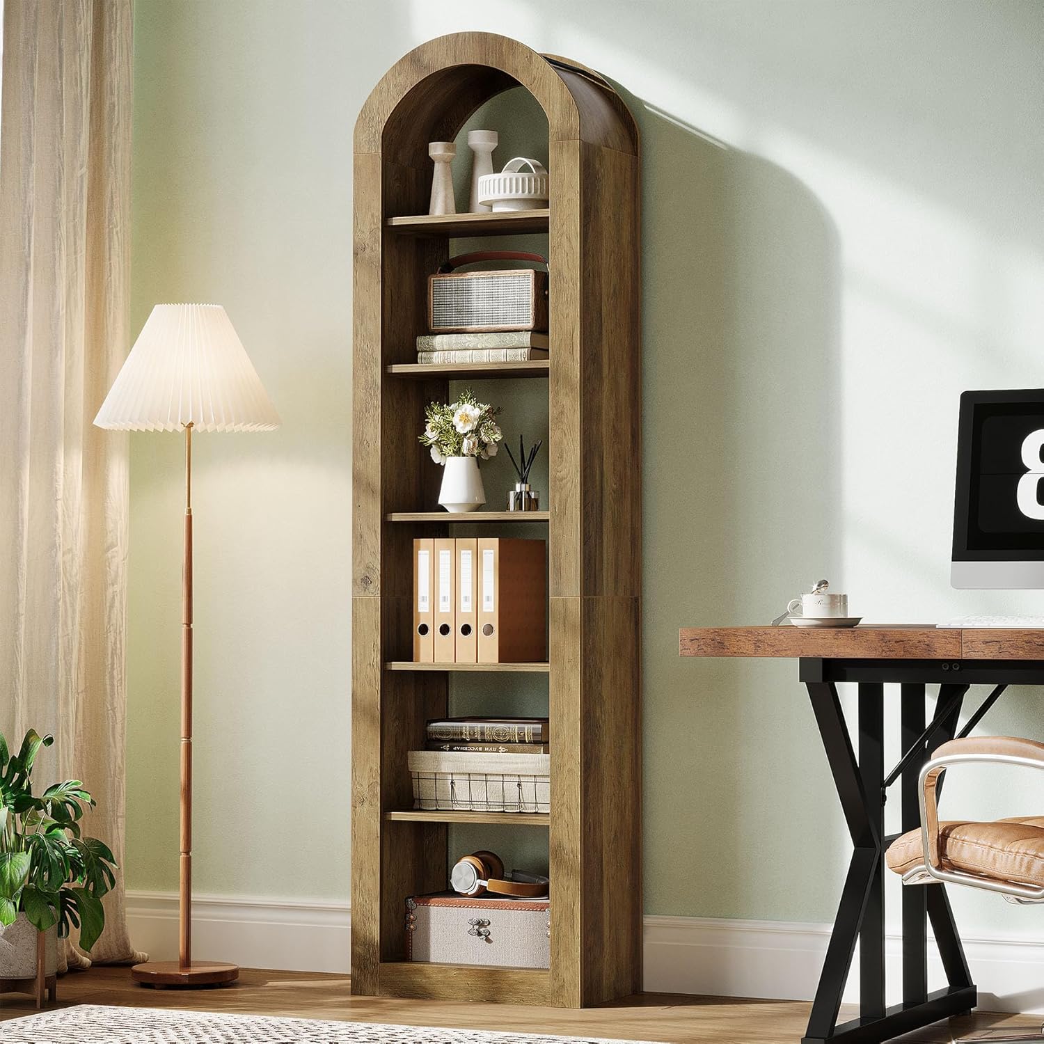 Tribesigns 74.8" Tall Arched Bookshelf, 6-Tier Narrow Open Bookcase, Floor Standing Corner Display Shelves Storage Organizer for Small Space, Home Office, Living Room (Rustic Brown, 1 PC)