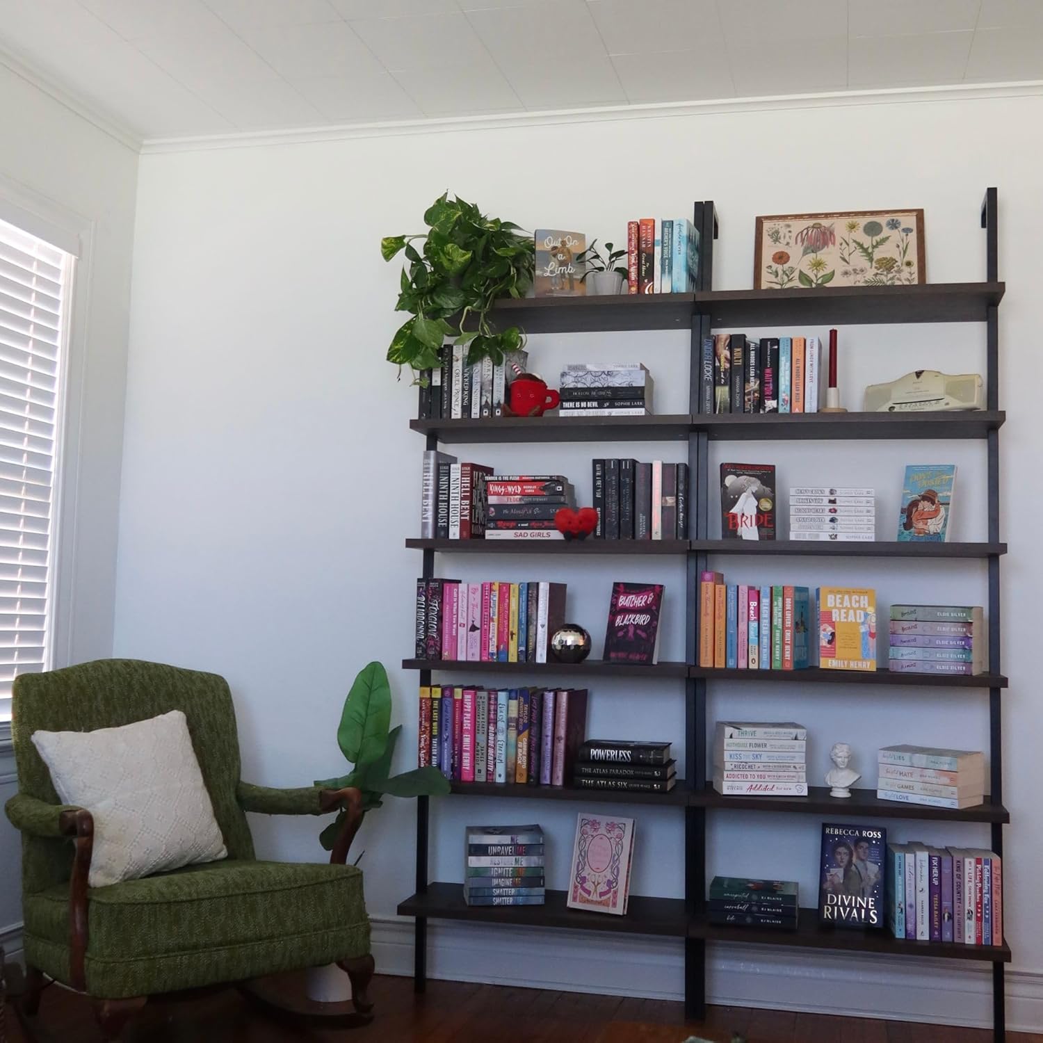 Nathan James Theo 6-Shelf Tall Bookcase, Wall Mount Bookshelf with Natural Wood Finish and Industrial Metal Frame, Nutmeg/Matte Black, Set of 4