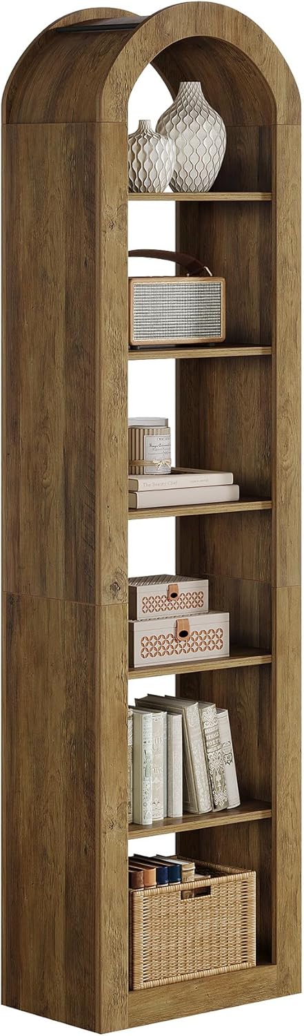 Tribesigns 74.8" Tall Arched Bookshelf, 6-Tier Narrow Open Bookcase, Floor Standing Corner Display Shelves Storage Organizer for Small Space, Home Office, Living Room (Rustic Brown, 1 PC)