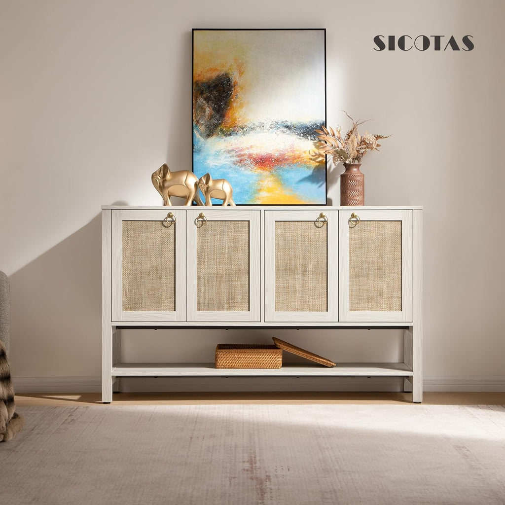 SICOTAS Sideboard Buffet Cabinet with Rattan Doors, 55" Boho Coffee Bar Cabinet with Open Shelf, Modern Farmhouse Credenza & Console Table for Entryway, Kitchen, Dining Room