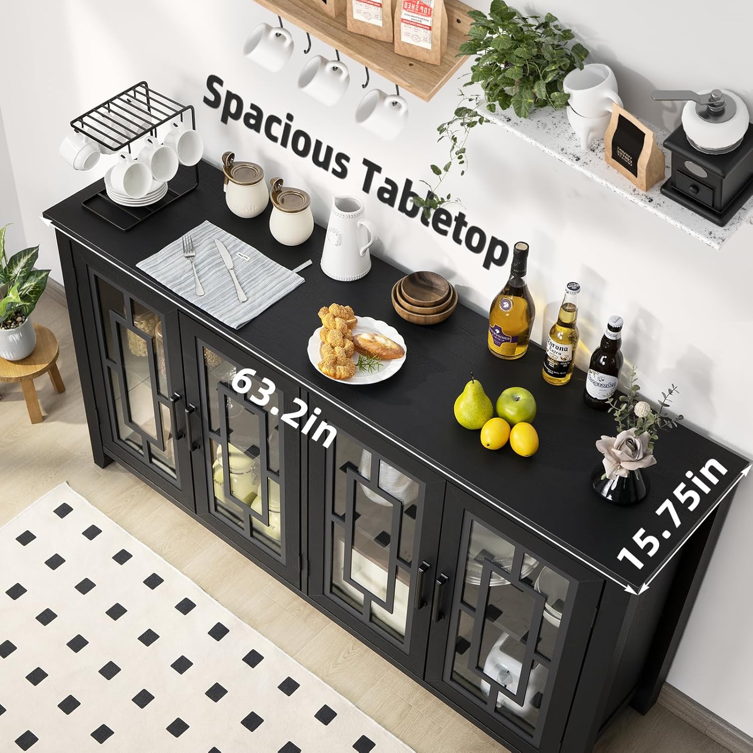 Joaxswe Large Sideboard Buffet Cabinet with Storage, 63" Black Farmhouse Kitchen Coffee Wine Bar Cabinet with 4 Glass Doors, Mid Century Modern Wooden Side Board Table for Dining Room, Living Room