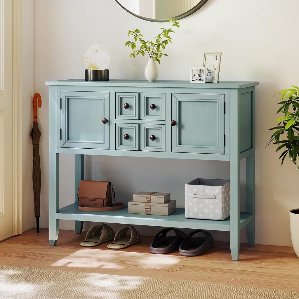 Giantex Sideboard Buffet Cabinet with Storage, 42'' Wood Credenza, Accent Coffee Bar Cabinet with Open Shelf, 2 Drawers & 2 Doors, Buffet Table for Entryway, Kitchen, Living Room, Hallway, Aqua Blue
