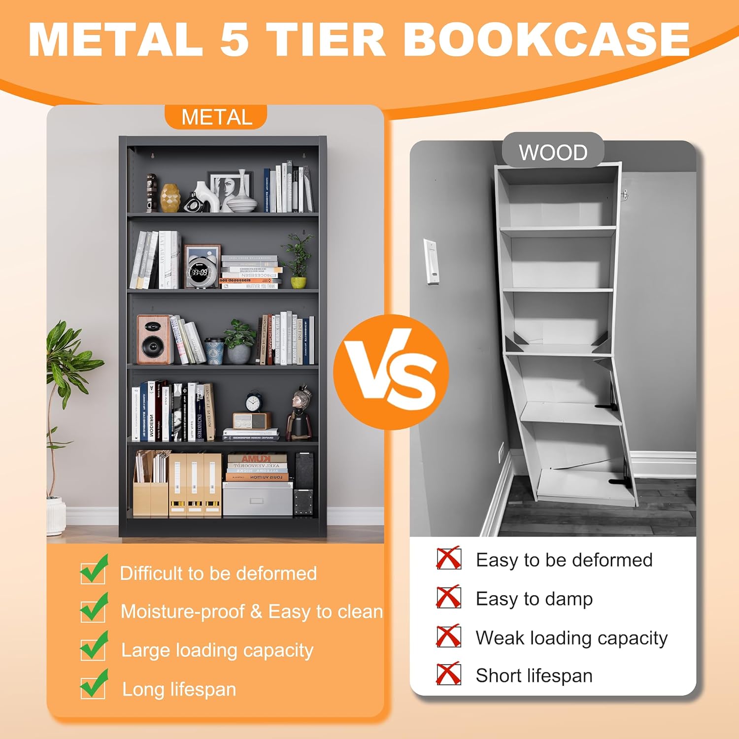 VASAAOSD 66" Tall Metal Bookcase, 5 Shelf Black Bookcase with Adjustable Shelves, Large Bookshelves and Bookcases, Modern Book Shelf Storage Organizer for Living Room, Home Office, Library (Black)