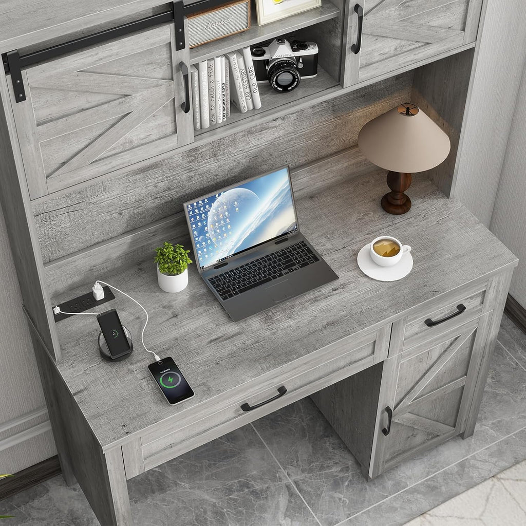 Vabches Farmhouse 47" Executive Desk, Computer Desk with 2 Drawers, LED Light and Storage Cabinet, Home Office Desk with Hutch, Charging Hub, Workstation for Home Office and Study, (Grey).