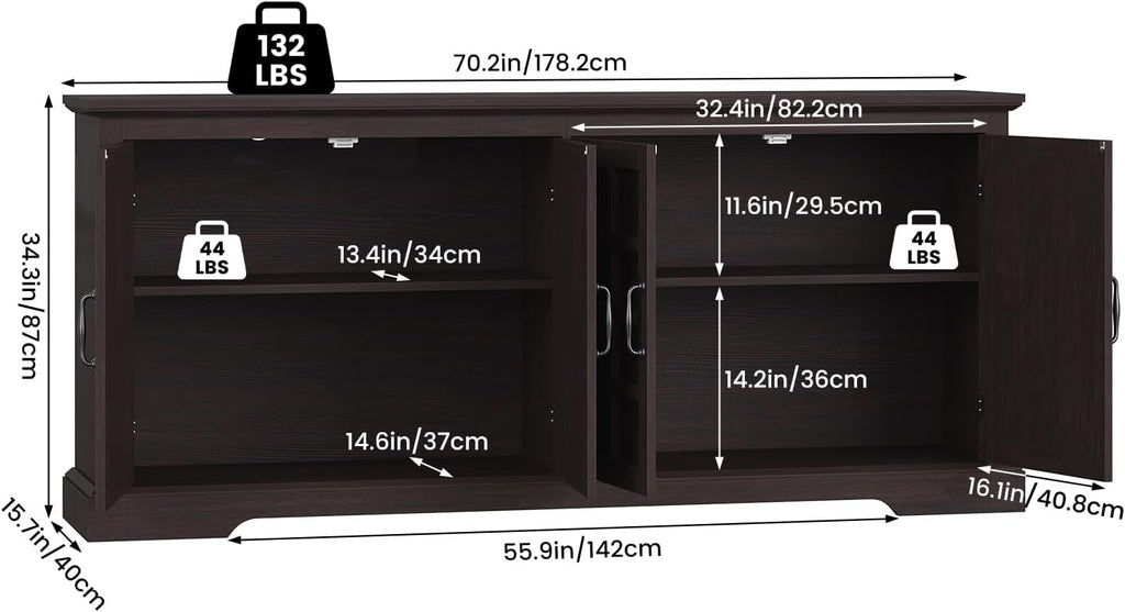 VVFLU 70" Sideboard Buffet Cabinet with Storage, Coffee Bar Cabinet with and 4 Doors, Long Wider Storage Cabinet Modern Farmhouse, Brown Wood, for Kitchen, Dining Room, Living Room